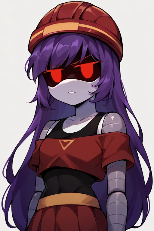 2D, score_9, score_8_up, score_7_up, BREAK, 1girl, solo, D0ll, Purple Hair, long hair, Red Eyes, Robot, Visor, red helmet, Red Crop Top, Black Tank top, red skirt