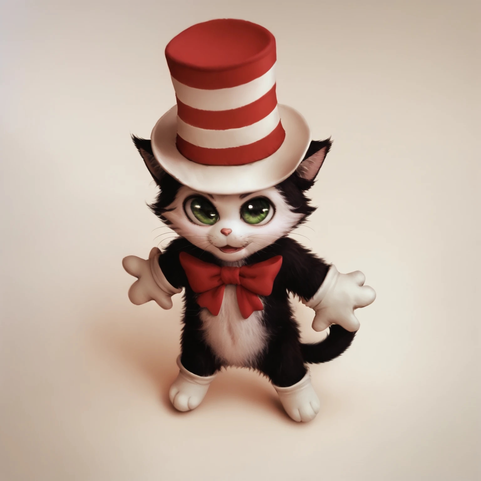 score_9, score_8_up, score_7_up, score_6_up,
Cat_in_the_Hat, black fur, white face, red-and-white striped hat, red bow, cat ears, green eyes, white gloves, mikus-concept, full body
<lora:Silly_Guy__Concept:1>
<lora:Cat_in_the_Hat_XL:0.8>