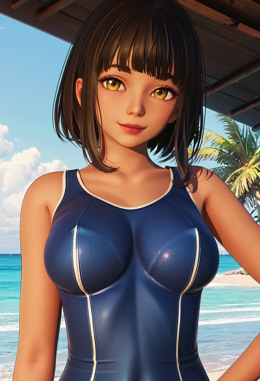 score_9, score_8_up, score_7_up, score_6_up,

solo, 1girl,

3d render, realistic,

Maat, short hair, black hair, blunt bangs, yellow eyes,
dark-skinned female, dark skin,

closed mouth, smile,

upper body, front view,

blue school swimsuit,
beach, ocean,