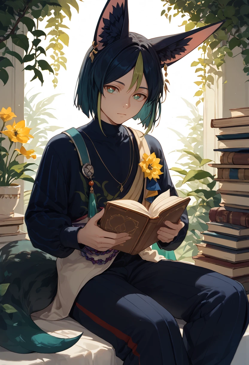 score_9, score_8_up, score_7_up, score_6_up, score_5_up, score_4_up, 

tighnari, book, solo, tail, male focus, fox tail, sitting, 1boy, holding book, holding, streaked hair, alternate costume, jewelry, long sleeves, hair between eyes, flower, bangs, looking at viewer