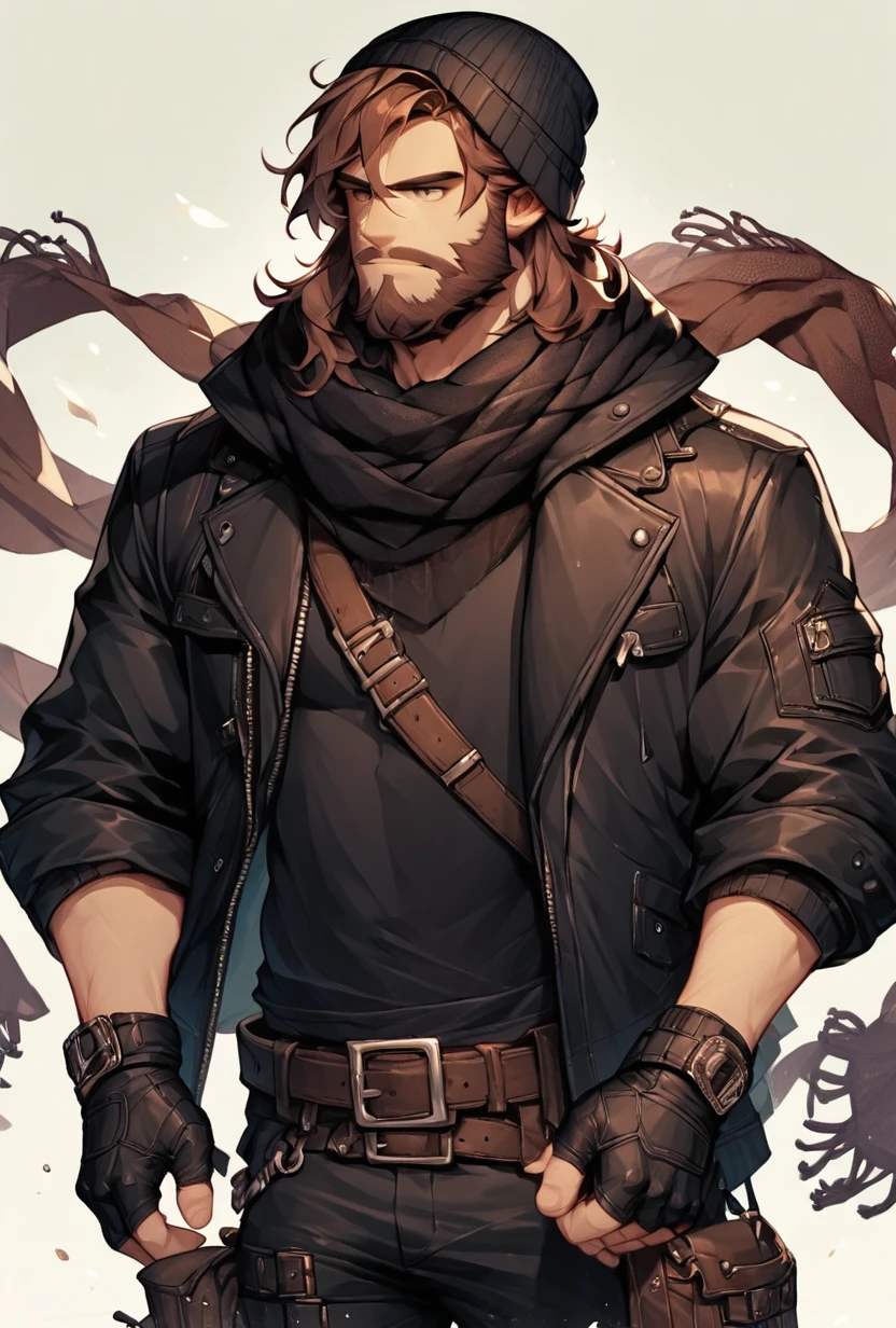 score_9, score_8_up, score_7_up  <lora:jeezo-10:1> jeezo, male focus, facial hair, beard, brown hair, gloves, beanie, black gloves, fingerless gloves, jacket, scarf,black black headwear, black jacket, belt