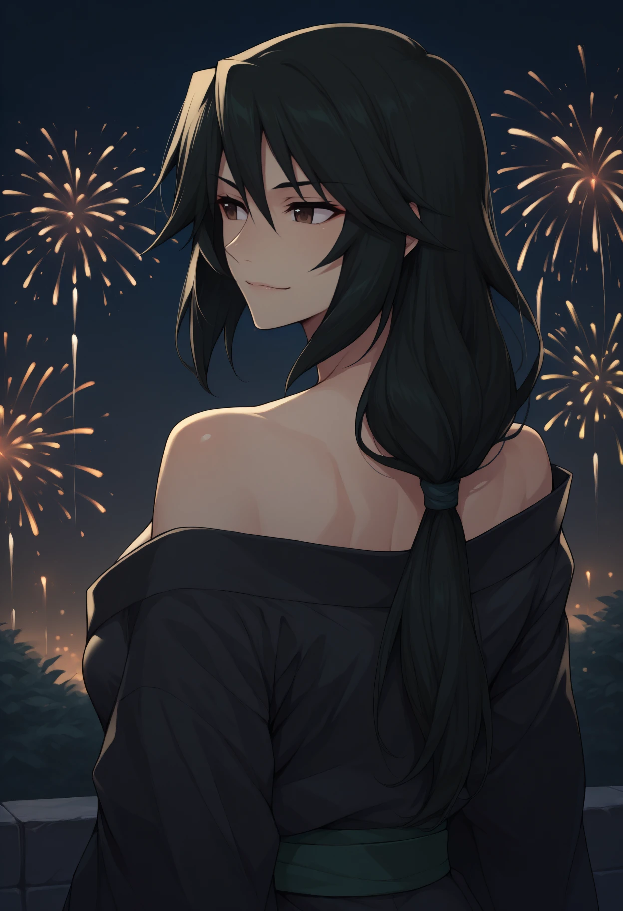 anime, masterpiece, best quality, <break> from behind, solo, 1girl, orimura chifuyu, slight smile, closed mouth, looking back, long hair, black hair, low ponytail, brown eyes, japanese clothes, black kimono, off shoulder, green sash, bare shoulders, outdoors, night, fireworks
<segment:yolo-Anzhc Face seg 640 v2 y8n.pt,0.4,0.5//cid=1>