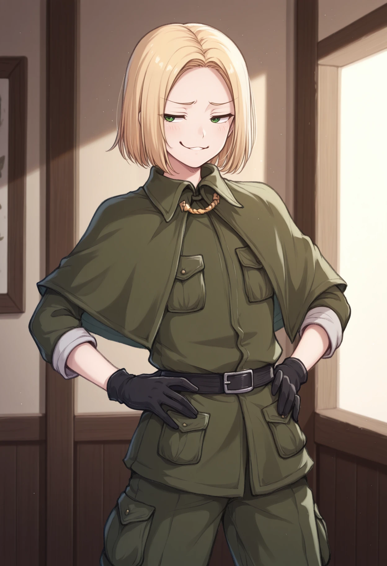 masterpiece, best quality, 1boy, solo, <lora:NSPolandHetalia:1> NSPolandBase, medium hair, green eyes, blonde hair, androgynous, military uniform, green pants, green capelet, black gloves, black belt, smug, hands on own hips, indoors