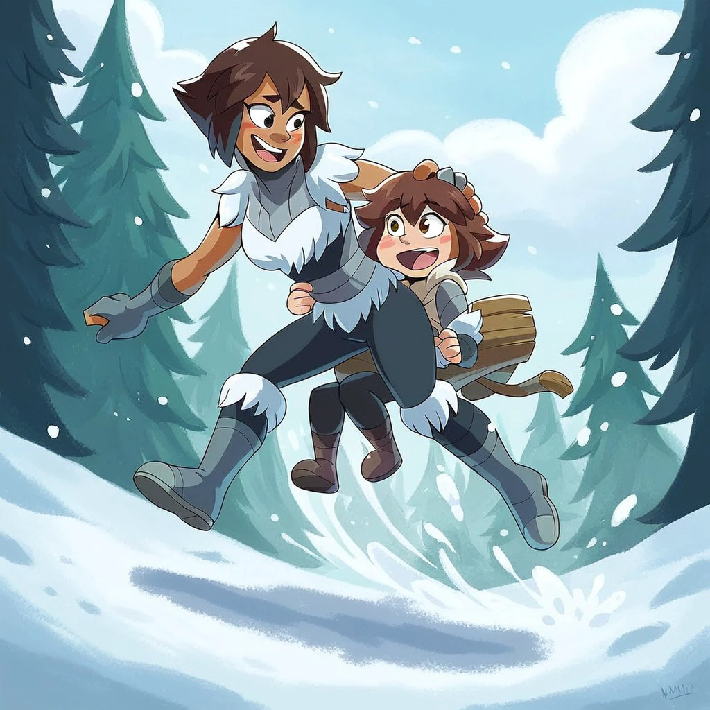 (insanely detailed, masterpiece,  best quality), score_9, score_8_up, score_7_up, On the snow, snow background, iglu, 1girl, human girl over animal, hd, masterpiece, pines, score_9, Kaya, Kaya (Brawlhalla), brown hair, winter clothes, riding mammoth, 1girl over mammoth, brown furry elephant,