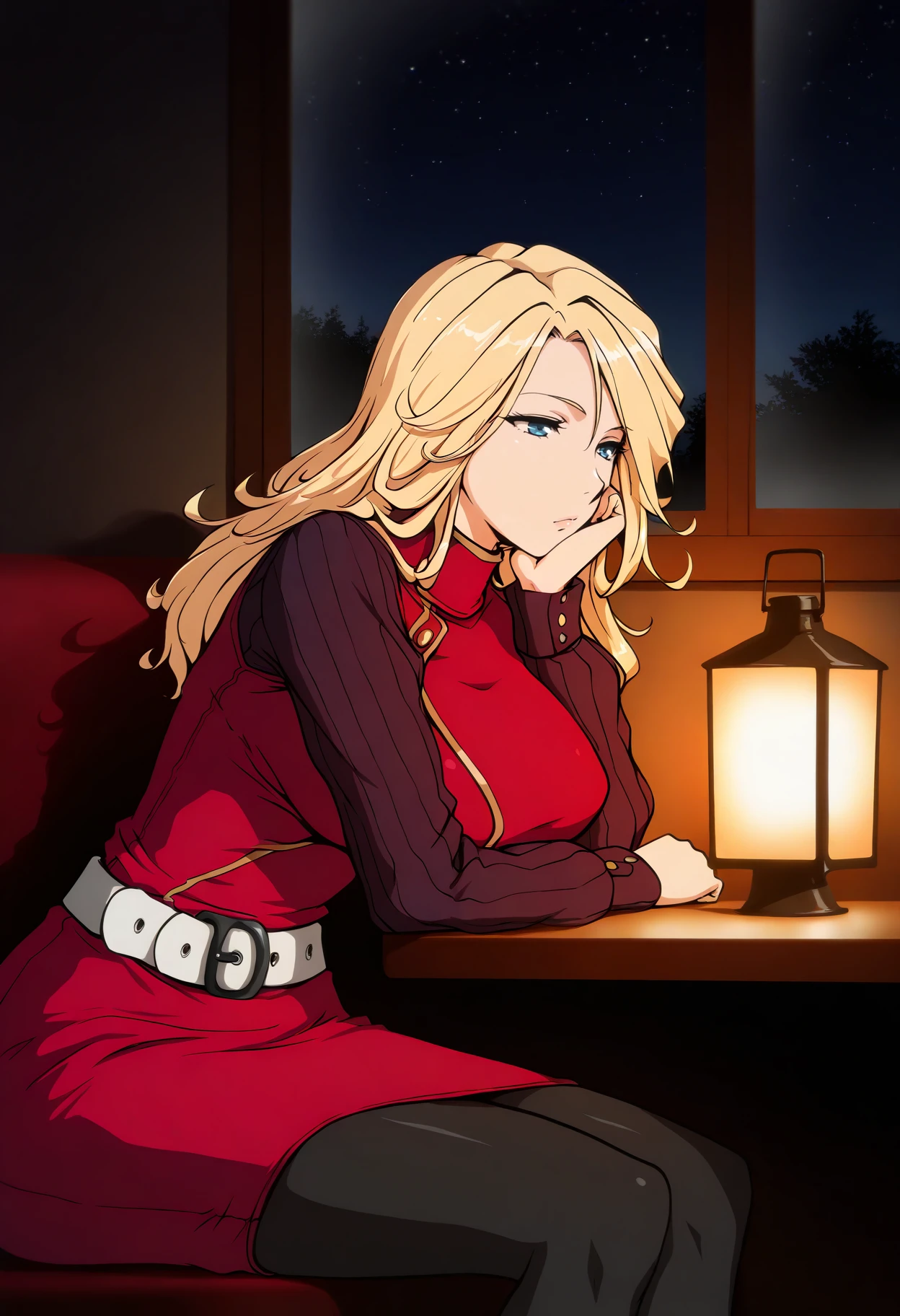 masterpiece, best quality, 1girl, <lora:YokoCV-illu:*****koCV, blonde hair, long hair, blue eyes, red dress, pencil dress, large breasts, turtleneck, long sleeves, sweater, white belt, black pantyhose, sitting, leaning forward, head rest, bored, indoors, night, lantern, window