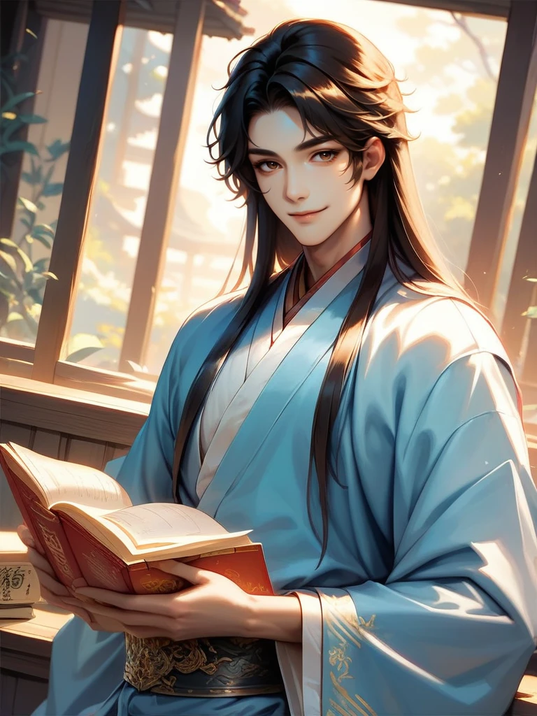 score_9, score_8_up, score_7_up, 1boy, reading a book, looking at viewer, cowboy shot, smile, cute, wide shot, solo, dutch angle, detailed background,,
 <lora:ADonghuaMaleXL_style:1>,DonghuaXLP, long sleeves, long hair, black hair, brown eyes, japanese clothes,