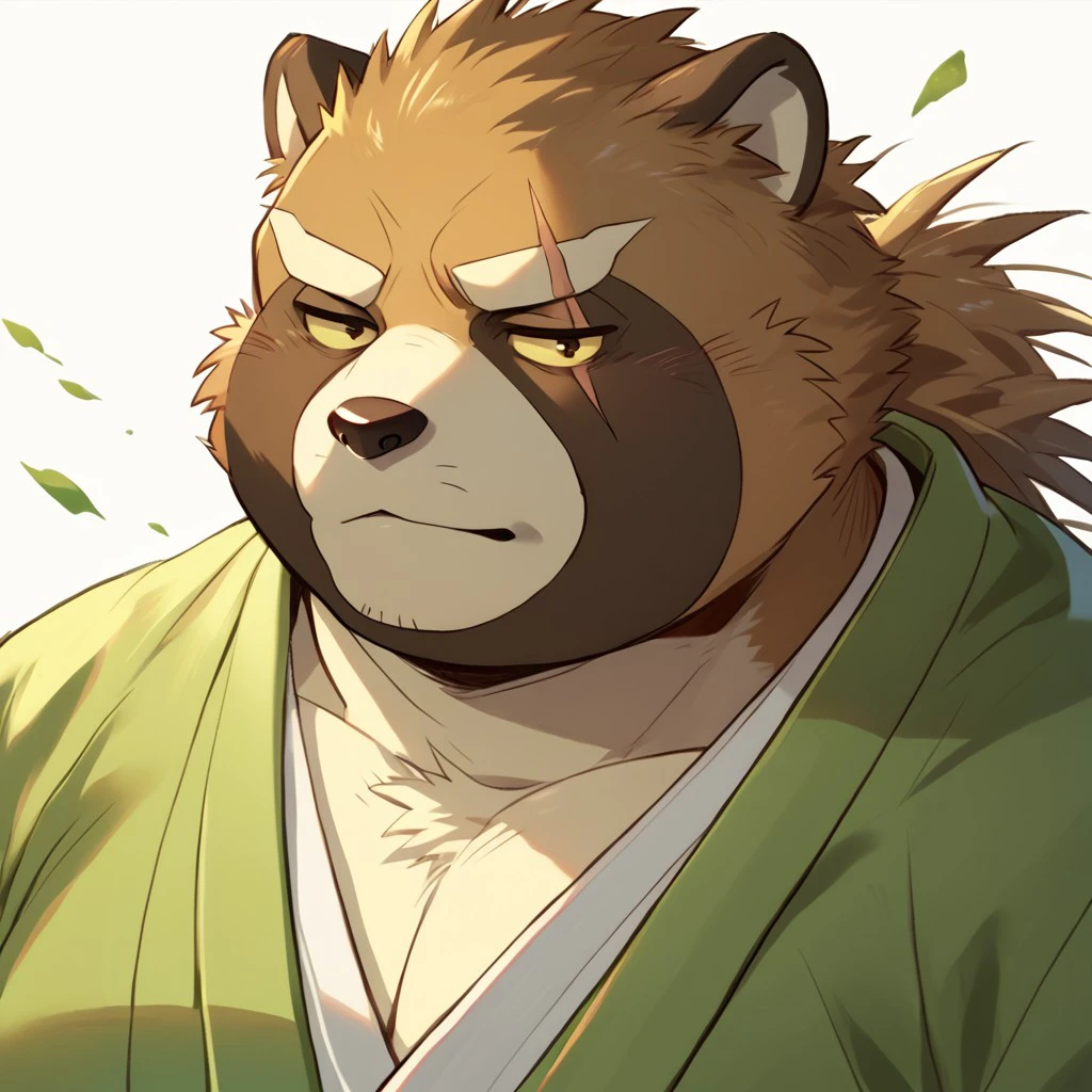 score_9, score_8_up, score_7_up, score_6_up, gyobu, tanuki, 1boy, bara, solo, eye scar, yellow sclera, plump, green kimono, close up, <lora:Gyobu:.90>