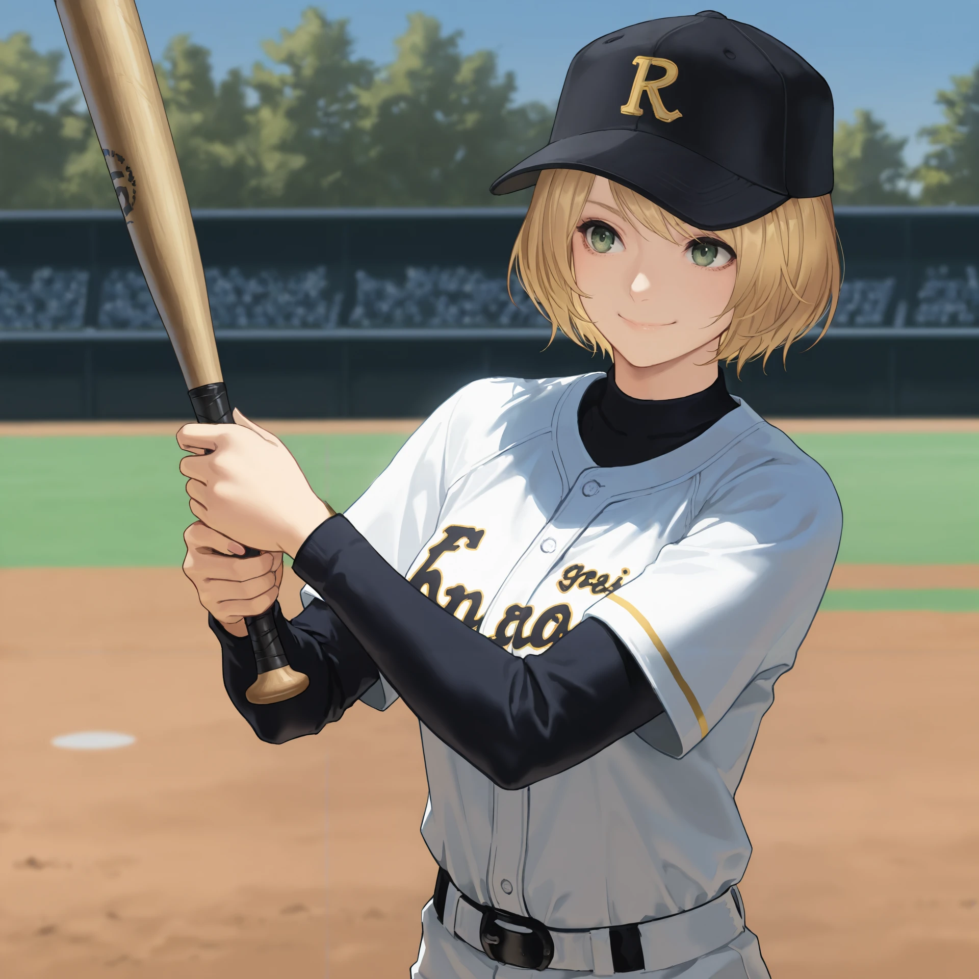 <lora:Ashley_Graham_resident_evil_4_remake:0.7> masterpiece, best quality, outdoors, smile, closed mouth, 1girl, solo, ashgrahamley, green eyes, blonde hair, short hair, baseball uniform, baseball cap, holding, baseball bat, holding baseball bat