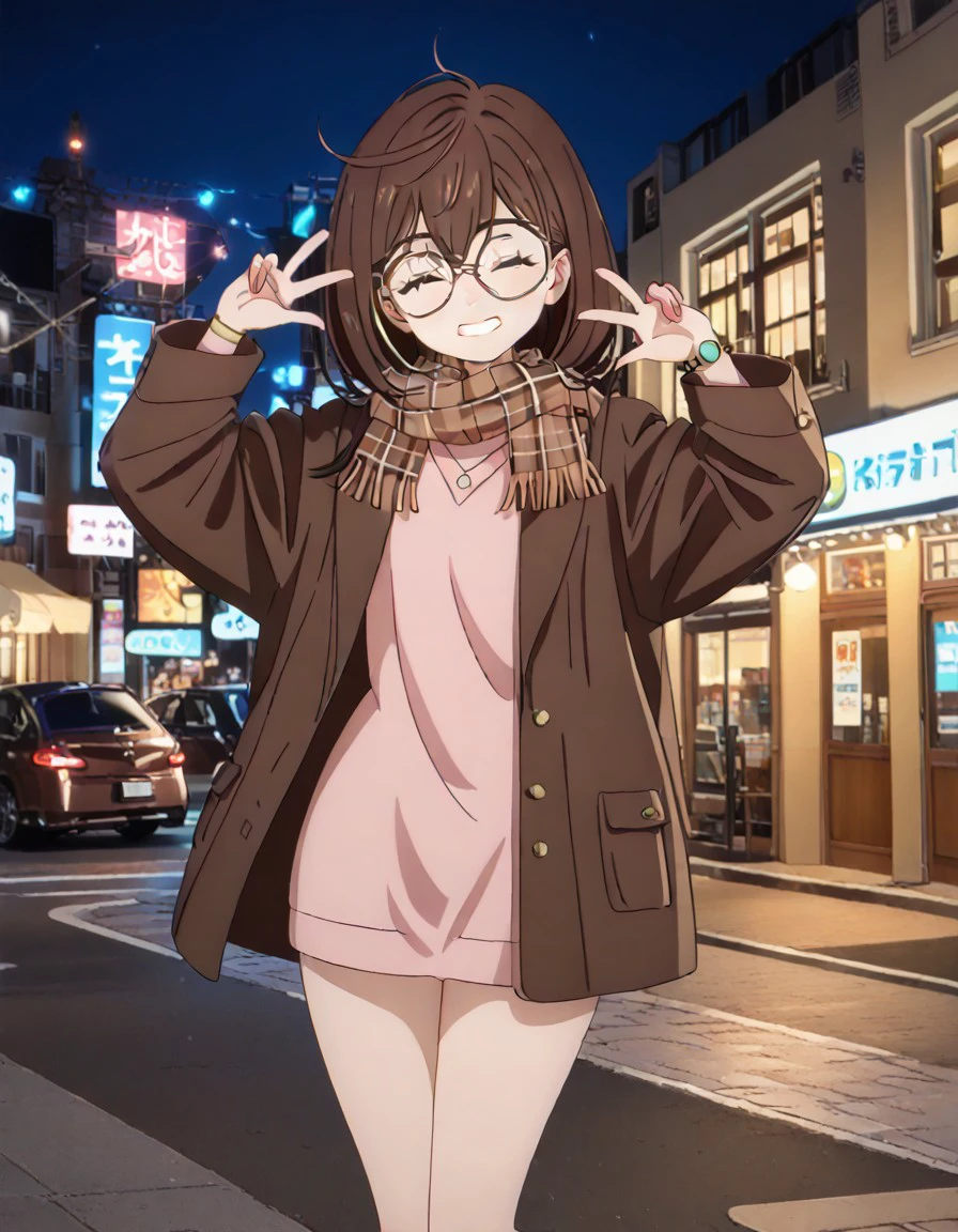 (masterpiece), best quality, very aesthetic, absurdres, solo, cute, (large round glasses), brown hair, long baggy pink t-shirt, (no skirt), brown leather suede coat unbuttoned, brown plaid scarf, wearing brown wrist watch, peace with two fingers, super cheesy grin, (eyes closed:1.8), (classy tokyo street:1.5), brown suede boots, night lighting, , <lora:eea8cb71-4b3c-4b27-8be6-010a624ac062:0.7>, <lora:584554b1-5638-4ae3-a13c-f32e986cc10d:0.7>, <lora:53cd7aea-ab42-4d0e-aa4f-f77a10b9d387:0.7>, <lora:19647bec-30da-4fbb-831c-92e915f46117:0.7>, <lora:9f065662-e0d2-42fe-aef0-74c12df0a6fd:0.7>