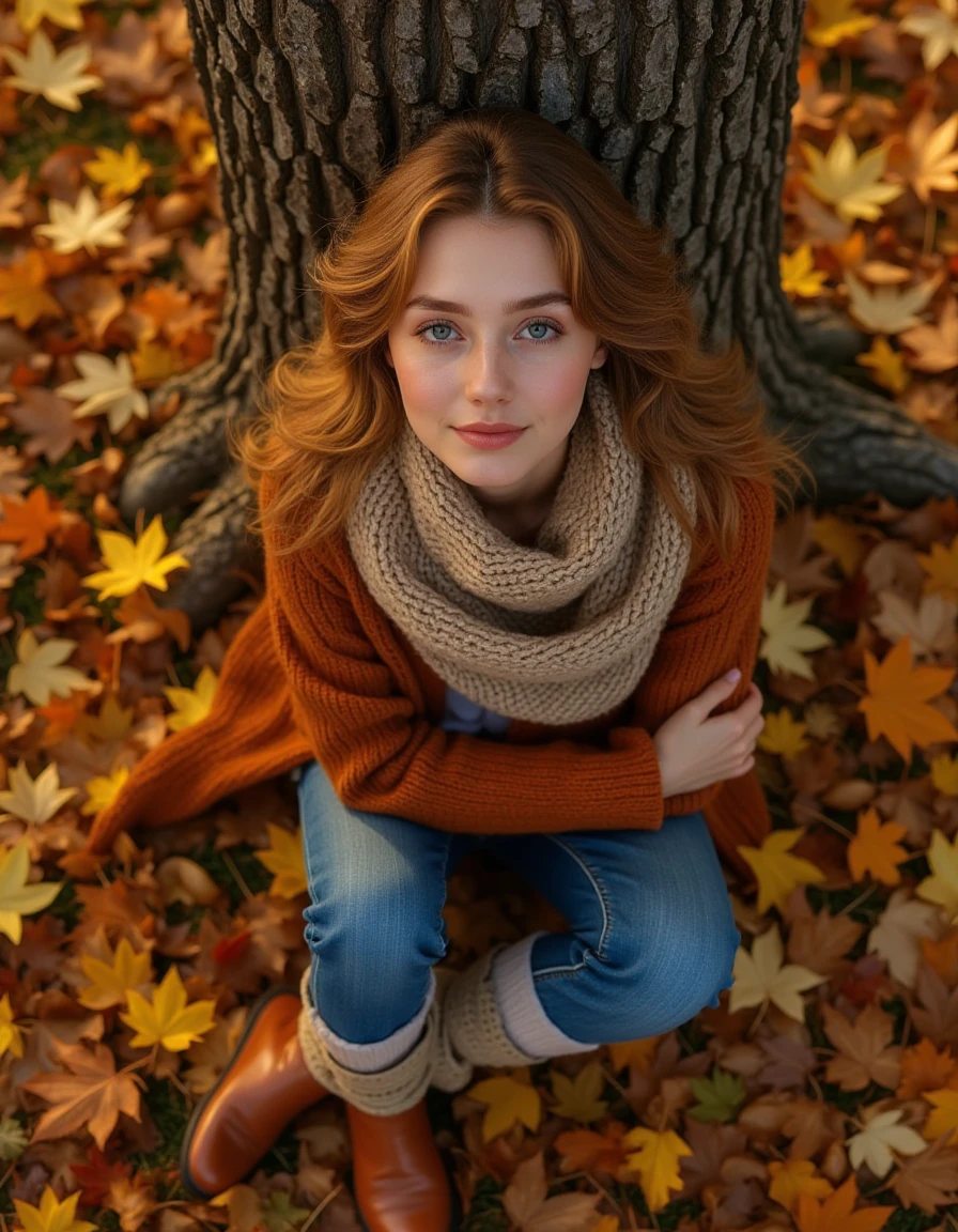 A woman sitting on a field of fallen autumn leaves, leaning against a tall oak tree. The angle is from above, capturing the swirling patterns of colorful leaves and the fine details of her scarf and boots. Her expression is a mixture of nostalgia and peace, blending beautifully with the warm autumn colors.   <lora:Copax_Realistic_Dreamlight_fp8:1>