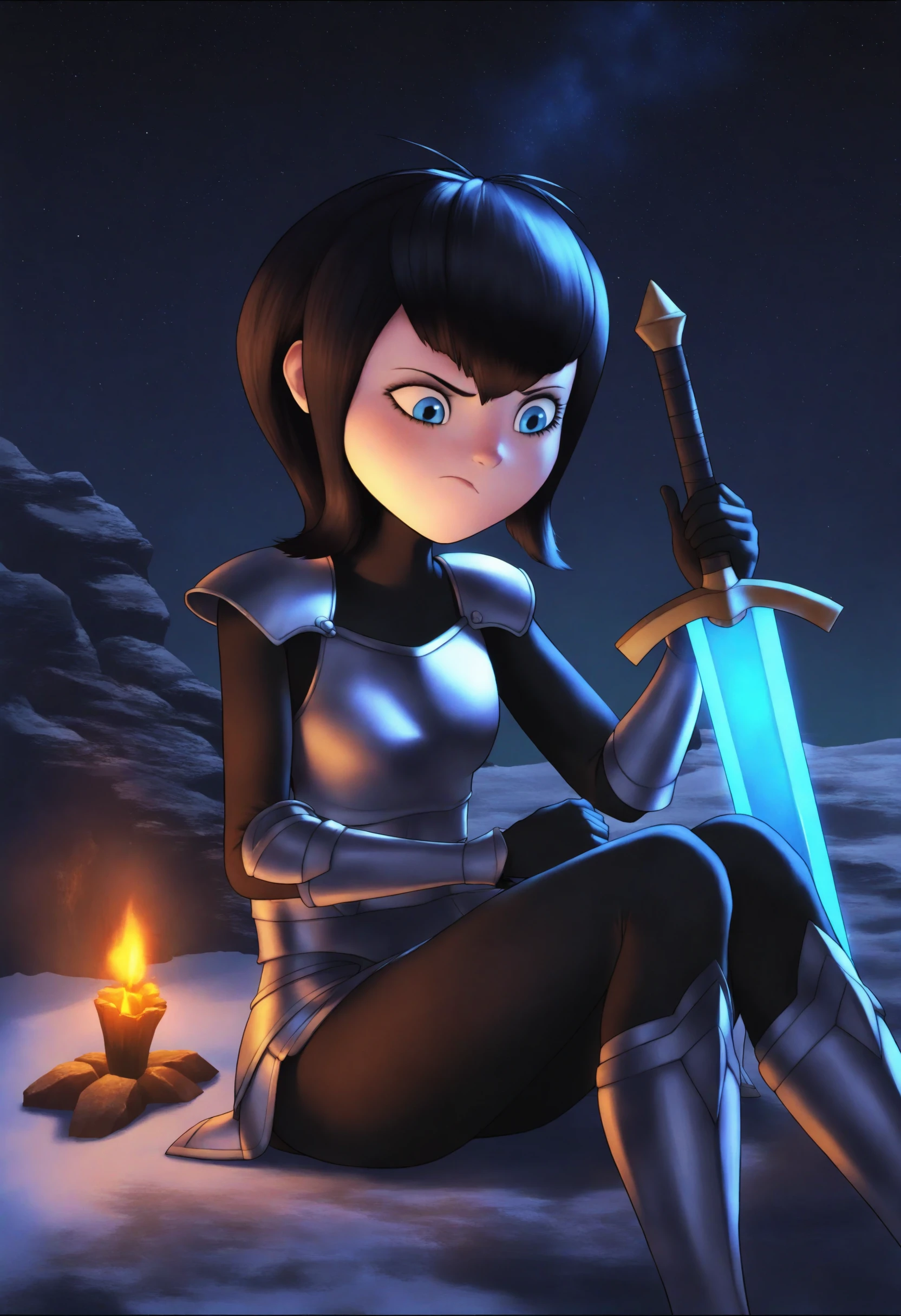 <lora:Mavis Dracula - [Hotel Transylvania] - illustriousXL v1:1>, sysdeep_mavis, black hair, blue eyes, solo, armored warrior, sitting, by a campfire, sharpening a sword, under the stars