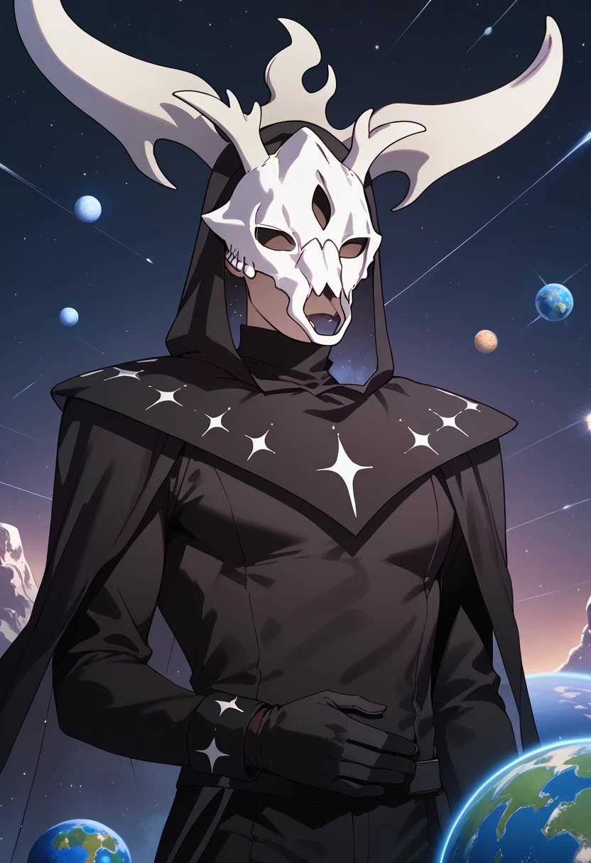 score_9, score_8_up, score_7_up, score_6_up,  Nebulagod, male, flowing black cape, cape collar starry designs, skeletal animal skull mask, curved horns, starry void within hood, black long sleeves, black gloves, black hood with horn crown, planet, earth (planet), solo, 1boy, gloves, horns, space, male focus, black gloves, star (sky), cape, sky, black cape, giant, antlers