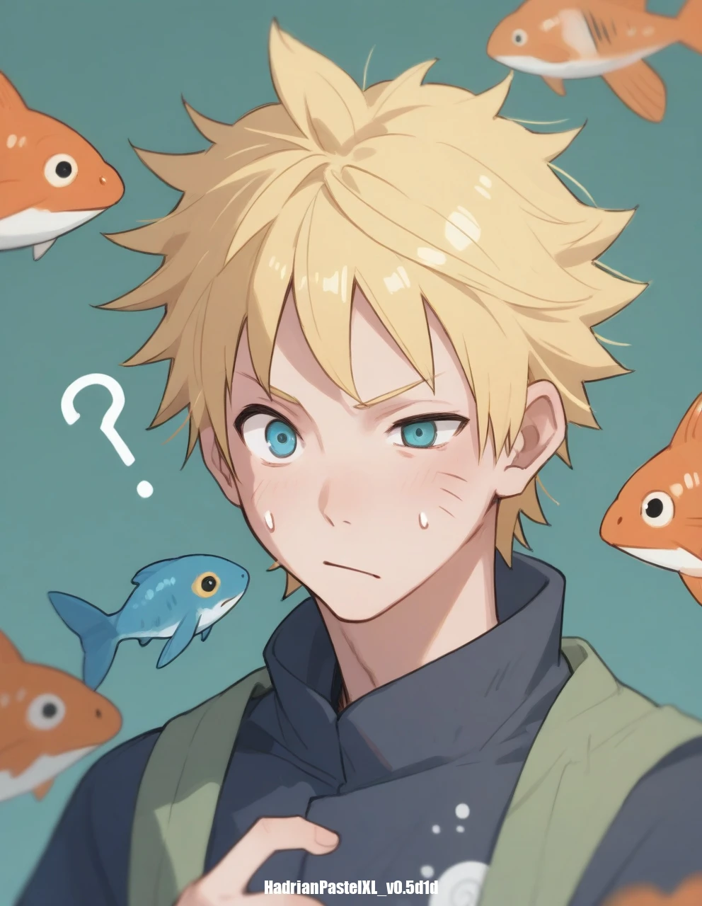 <lora:uneveneyes_pony_v0.5a.safetensors:1.1>, score_9,score_8_up,score_7_up, masterpiece,ultra-detailed CG illustration,top quality, best quality, uneven eyes, 1boy,solo,fish,uzumaki naruto, ?,upper body, sweatdrop,