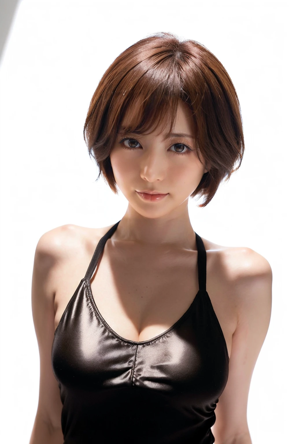 <lora:yuria_satomi_kk:0.9>,1girl,asian,smile,breasts,brown eyes,brown hair,lips,short hair,looking at viewer,white sundress,realistic,solo,upper body ((black background, simple background)),yuria satomi, cowboy shot,