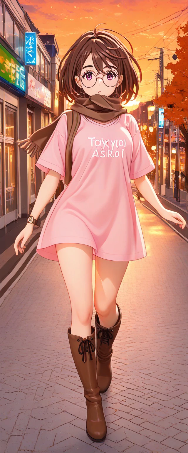 masterpiece, best quality, very aesthetic, absurdres, large round glasses, brown hair, long pink t-shirt, no skirt, busy tokyo street, brown boots, wearing brown wrist watch, pink eyes, autumn, sunset, brown scarf around mouth, <lora:eea8cb71-4b3c-4b27-8be6-010a624ac062:0.7>, <lora:584554b1-5638-4ae3-a13c-f32e986cc10d:0.7>, <lora:e33db2b8-c79f-4239-bef6-9b035548f687:0.7>, <lora:53cd7aea-ab42-4d0e-aa4f-f77a10b9d387:0.7>