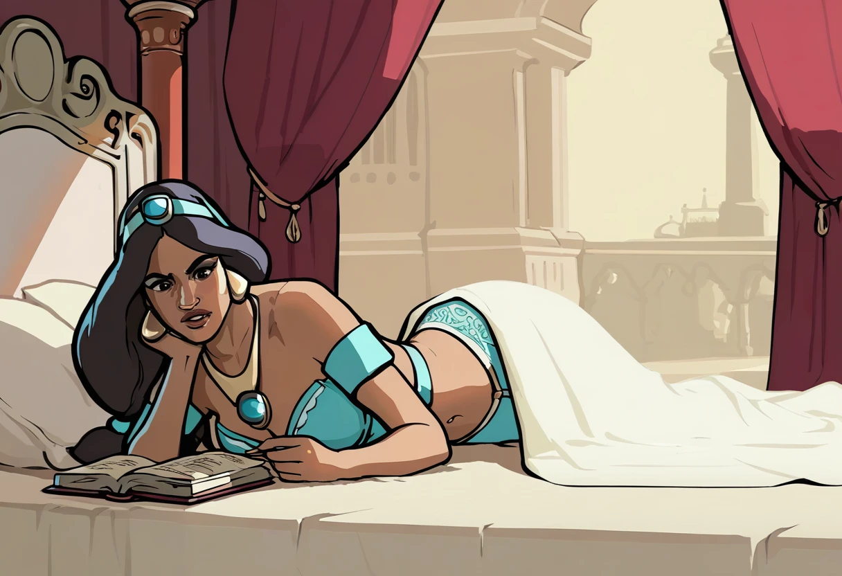 gta_sa_style, 1girl, solo, princess Jasmine, laying under bed and reading book, inside rich  medieval arabian palace,  <lora:GTA_SA_Style_PonyV1:1>, score_9, score_8_up, score_7_up,