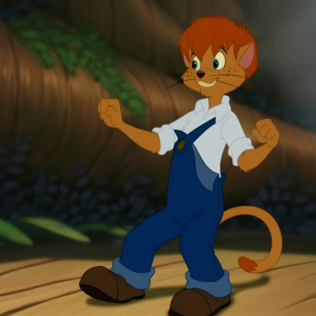 freckles face, short hair, cat ears, pointed ears, expressive eyes, orange hair, whiskers, blue overalls with one strap undone, smile, brown shoes, solo, in a forest, tail, blue eyes, small round nose, full body, Score_9, furry, standing, 1boy, Tom_Sawyer, short-sleeved white shirt, feline