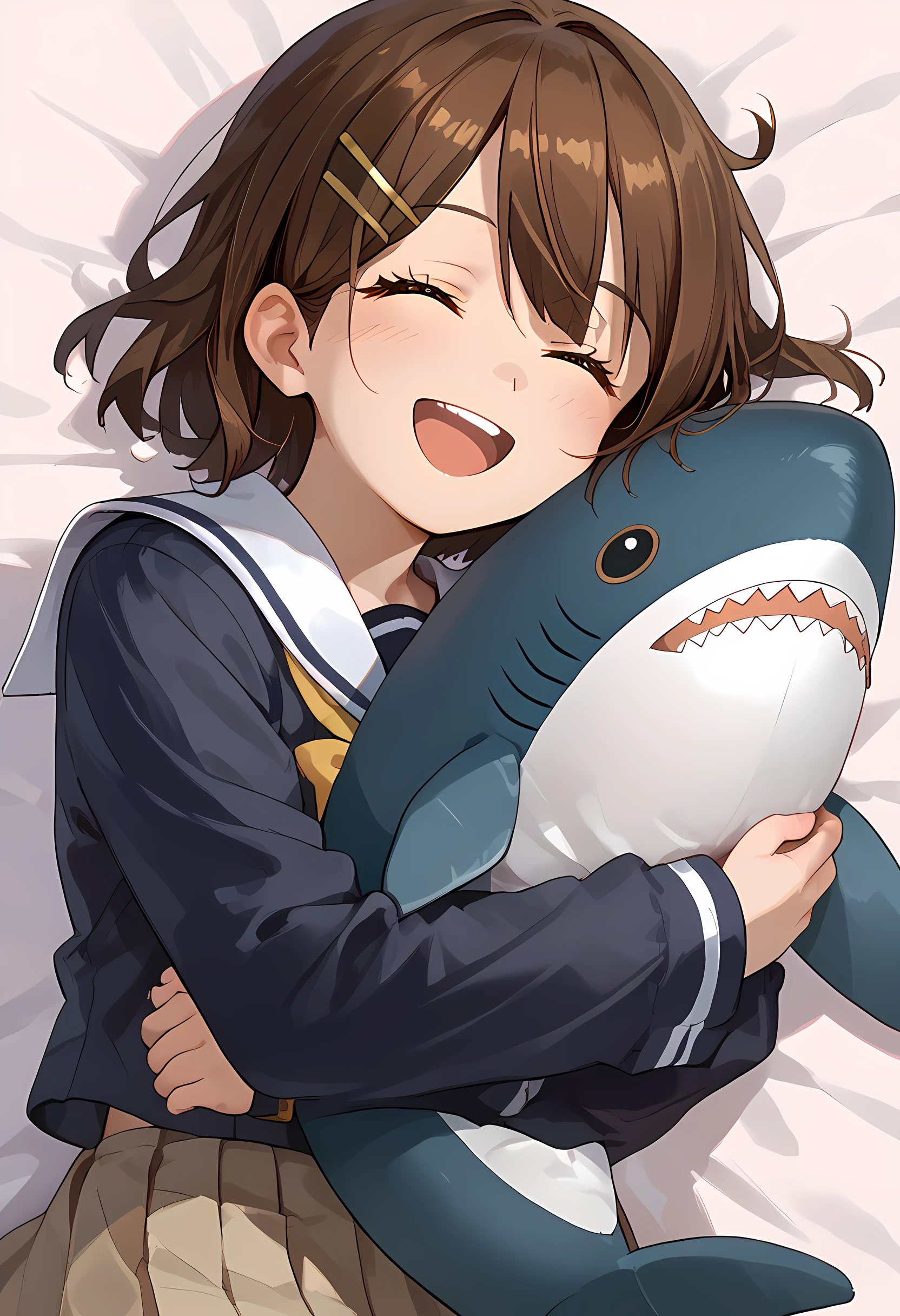 score_9, score_8_up, score_7_up, 1girl, solo, brown hair, closed eyes, hair ornament, hairclip, ikazuchi \(kancolle\), long sleeves, sailor collar, school uniform, serafuku, short hair, smile, lying, object hug, open mouth, hugging, shark, stuffed shark, simple background, <lora:Hugging_shark:1>