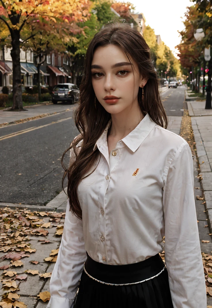 [urban,. streets, empty street, residentail neighborhood, evening light, autumn leaves], (upper body) (long hair, brown hair, middle parting hair), (looking at viewer, parted lips), (white collared shirt, earrings, long black skirt), dashataran <lora:DashaTaran-10:0.95>