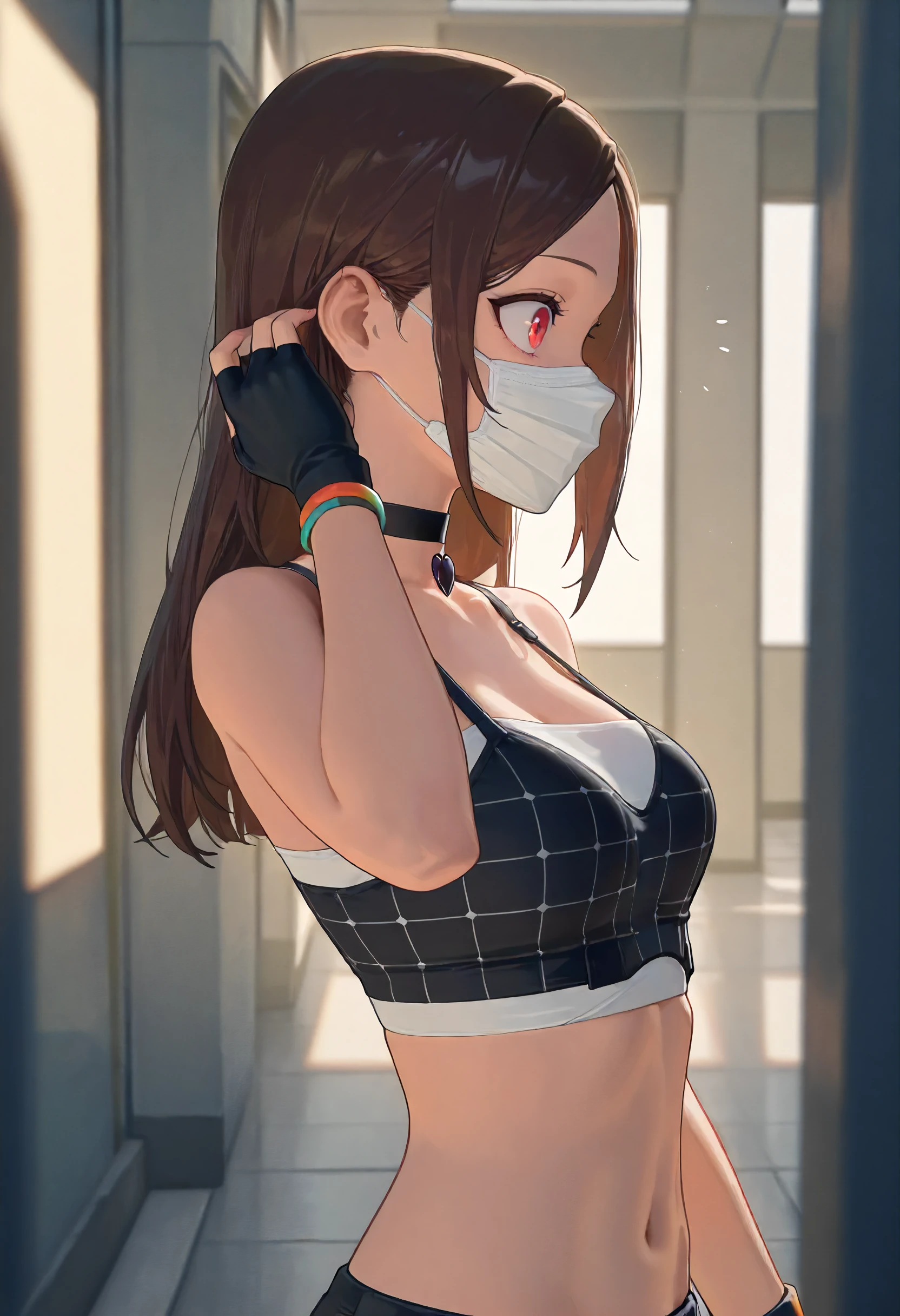 masterpiece, best quality, amazing quality, very aesthetic, absurdres, newest, scenery, volumetric lighting, perfect eyes, ultra detailed,
1girl, solo, brown hair, parted hair,  red eyes,
choker, black heart choker, white top, black top, square pattern top, zip, midriff, navel, fingerless gloves, blue and orange wrist bands, facial mask,
walking, surprised, wide eyes, tucking hair, hair behind ear, hand up, portrait, face closeup, profile, side view,
sixth street background, detailed background,
<lora:NPC_Nameless_masked_girl_-_Zenless_Zone_Zero_ZZZ__Illustrious:0.6>
masterpiece, best quality, amazing quality, very aesthetic, absurdres, newest, scenery, volumetric lighting, perfect eyes, ultra detailed,