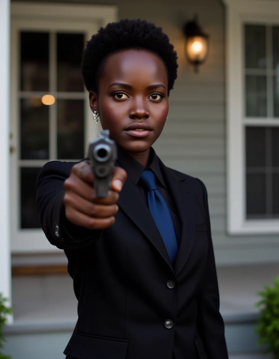 lupita-nyongo is pointing a gun at the viewer, her brows furrowed, her eyes wide darting back that the noise she heard.  She is wearing a black suit with a blue tie and standing on the front stoop of the house, it is morning and you see the paper boy flinging a paper at your house which has startled lupita-nyongo,  a realistic photo, IMG-00023, taken on a samsung galaxy 15 camera phone,  <lora:FluxWeaponPistol:1>   <lora:flux_lupita-64:1.1>