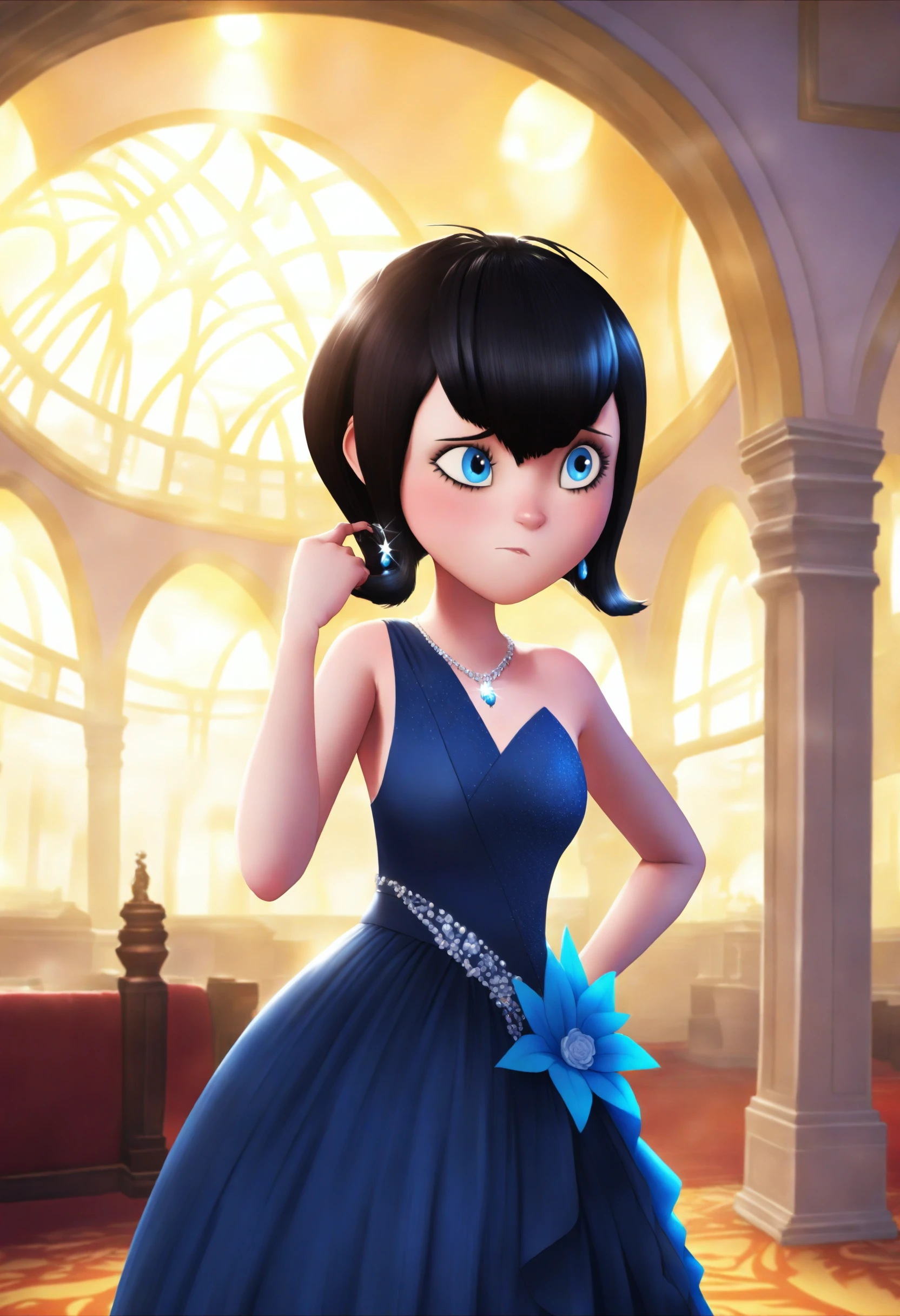 <lora:Mavis Dracula - [Hotel Transylvania] - illustriousXL v1:1>, sysdeep_mavis, black hair, blue eyes, solo, ball gown, twirling, in a grand ballroom, sparkling jewelry, warm lighting