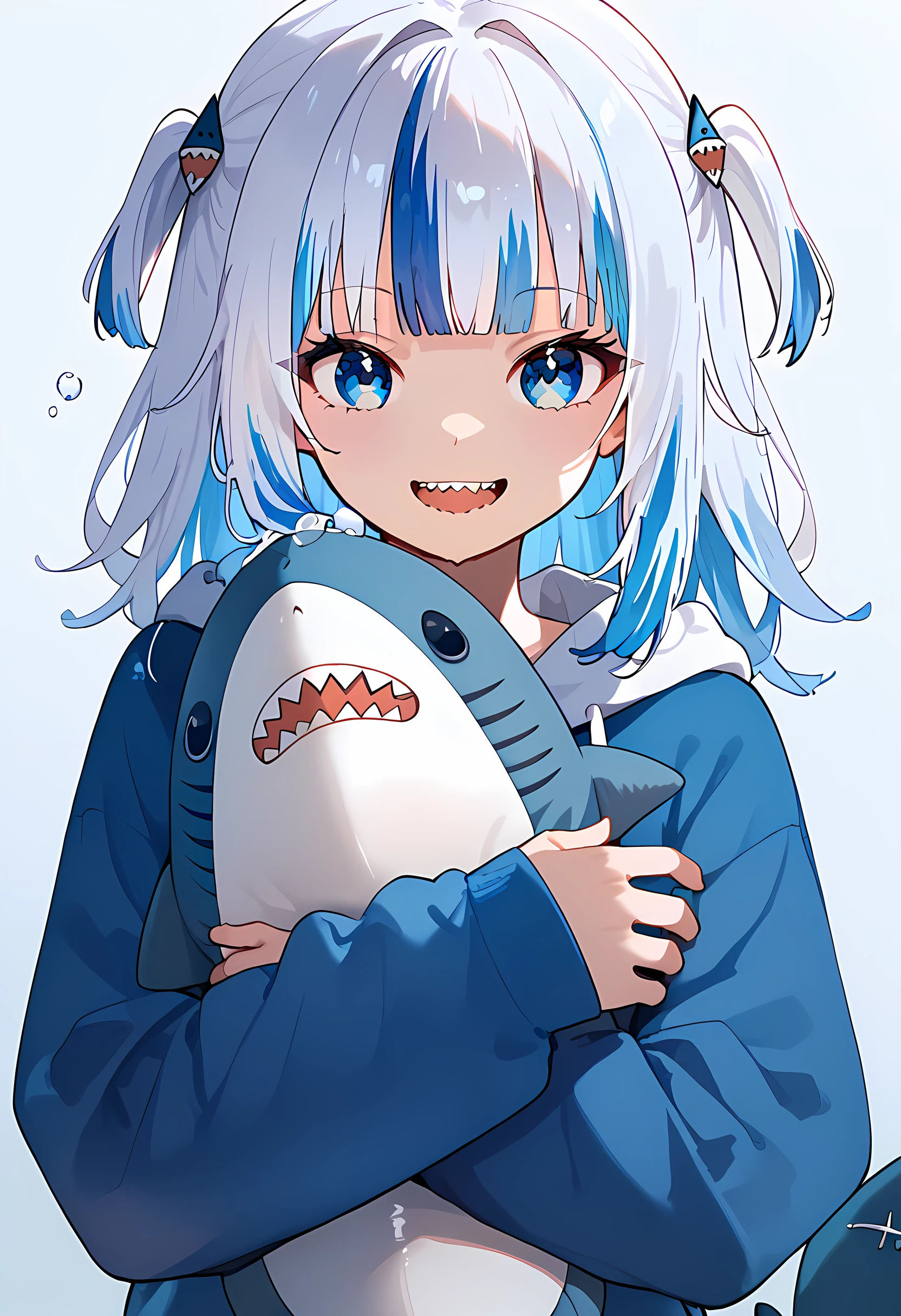 score_9, score_8_up, score_7_up, 1girl, a, bangs, biting, bloop \(gawr gura\), blue eyes, blue hair, white hair, blue hoodie, blunt bangs, bubble, fish tail, hair ornament, hoodie, long hair, looking at viewer, medium hair, multicolored hair, open mouth, smile, solo, streaked hair, hugging, shark, stuffed shark, two-tone hair, two side up, virtual youtuber, simple background, <lora:Hugging_shark:0.95>