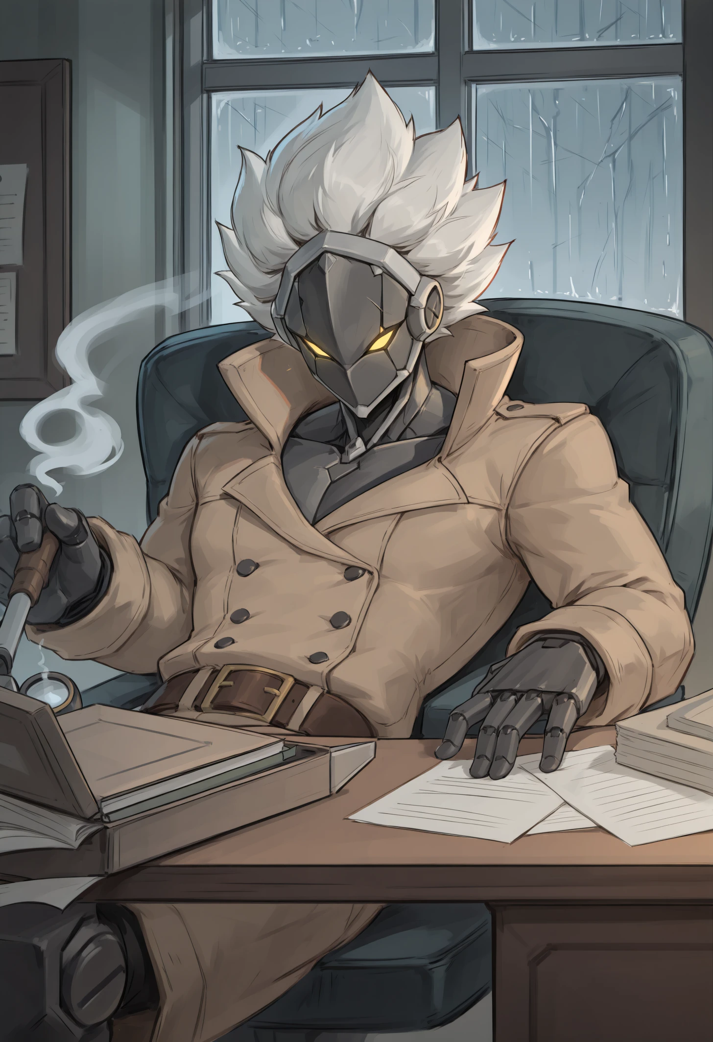 masterpiece, best quality, 1boy, zzzblkd, cyborg, robot joints, short hair, white hair, spiked hair, yellow eyes, glowing eyes, mechanical hands, mechanical parts, robot ears, no mouth, 
Shadowy detective office, trench coat, fedora, low-lit desk, cigarette smoke, scattered papers, magnifying glass, intense expression, bourbon glass, leaning back in chair, muted phone, open case file, rain-streaked window, dim lamp, half-lit figure, sense of mystery
<lora:zzzblkd_idxl_EliPot:1>