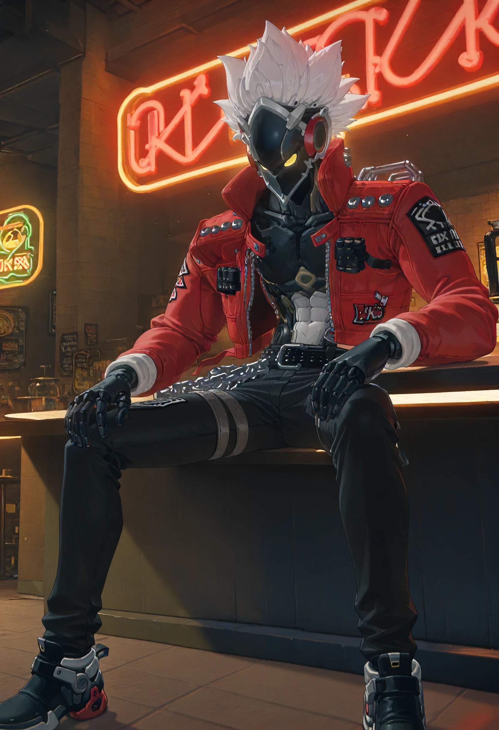 masterpiece, best quality, amazing quality, very aesthetic, absurdres, newest, scenery, volumetric lighting, perfect eyes, ultra detailed,
1boy, Billy Kid, solo, robot, white hair, black mask, robot mask, yellow eyes, black robot chest, white robot abs, black robot hands, 
red jacket, jacket ornaments, belt, chain, black pants, black shoes,
underground bar, neon sign, stools, tables, detailed background, backlighting,
<lora:Billy_Kid_-_Zenless_Zone_Zero_ZZZ__Illustrious:1>
masterpiece, best quality, amazing quality, very aesthetic, absurdres, newest, scenery, volumetric lighting, perfect eyes, ultra detailed,