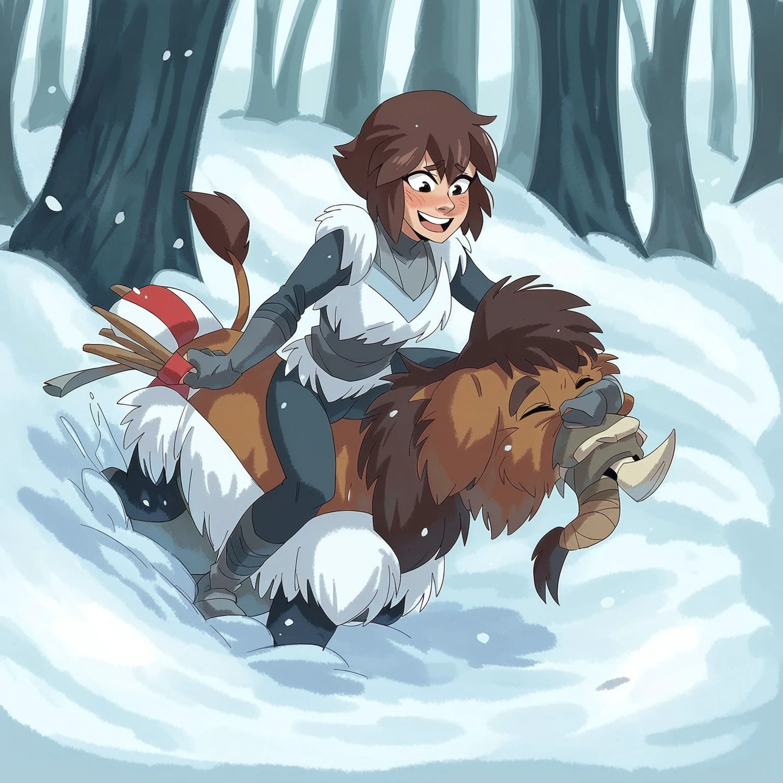 (insanely detailed, masterpiece,  best quality), score_9, score_8_up, score_7_up, On the snow, snow background, iglu, 1girl, human girl over animal, hd, masterpiece, pines, score_9, Kaya, Kaya (Brawlhalla), brown hair, winter clothes, riding mammoth, 1girl over mammoth, brown furry elephant,