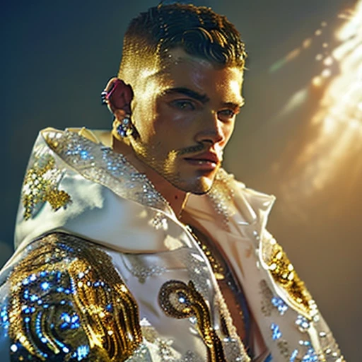 robe, high quality, character portrait, silky jacket, intricate gold and silver embroidery, neoclassicism, upper body, cape, embellishment, blurry, hood down, facial hair, fantasy formal clothing, golden bokeh, shallow depth of field, warm lighting, cool lighting, hoodie, short hair, cape hoodie, earrings, looking at viewer, male focus