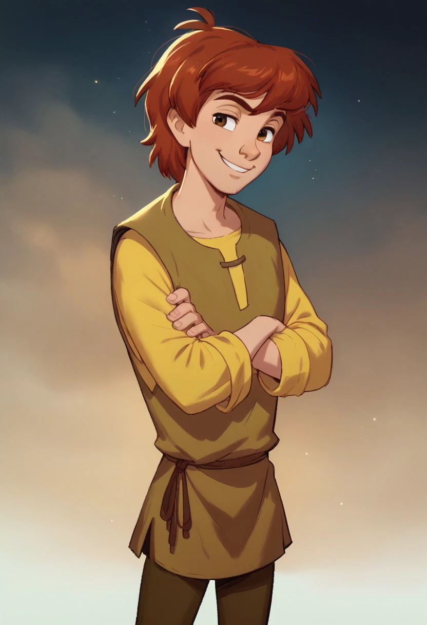 score_9, score_8_up, score_7_up, 1boy, solo, male focus, Taran, Hazel Brown Eyes, Red Hair, Green Vest, Yellow Shirt, Green Pants, arms crossed, smug smile