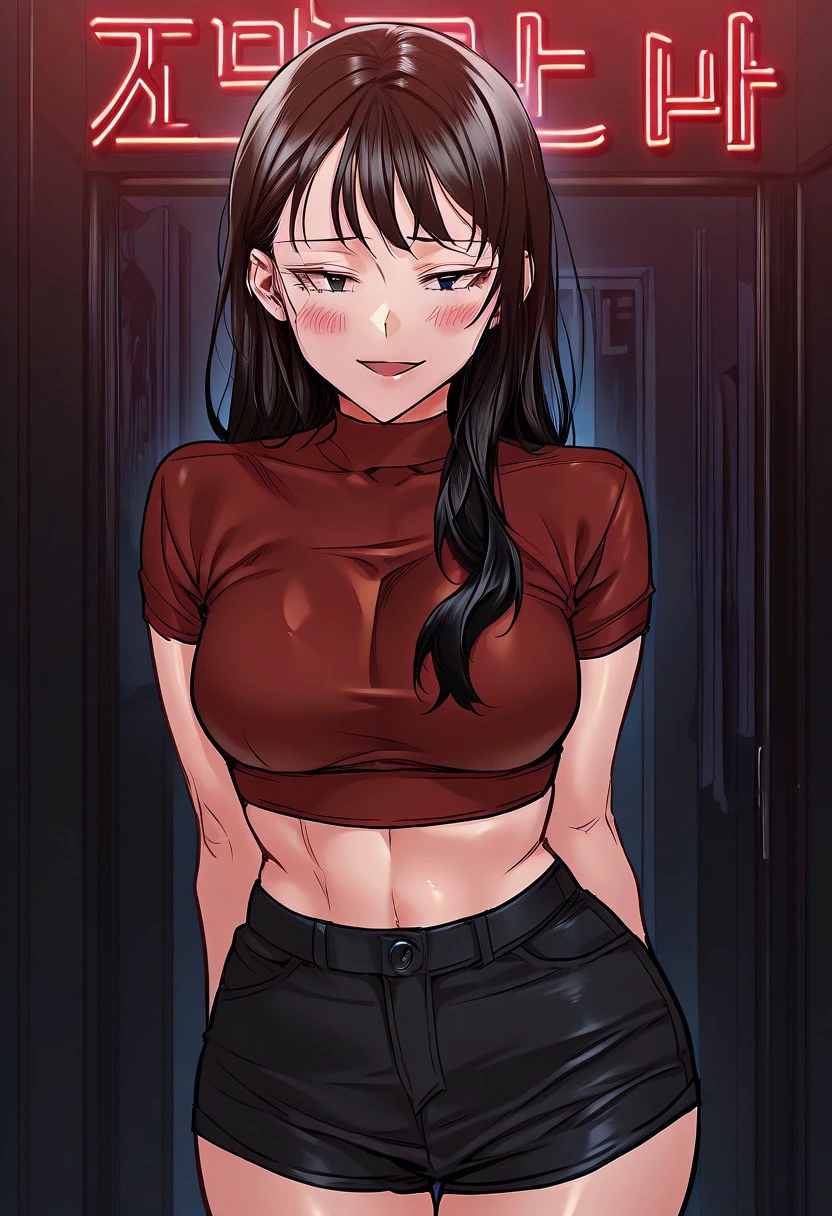 score_9, score_8_up, score_7_up, ASCII masterpiece, source_anime, BREAK, 1girl, solo, (( <lora:sae-yeon:1> , sae-yeon, normal waist, wide hips, beautiful skin, beautiful dark gray eyes, clear eyes, bright pupils, beautiful eyes, beautiful black hair, beautiful long hair, bangs, big and shaggy breasts, natural beauty, extraordinary beautiful woman, attractive woman, super sexy woman, lustful body, sexy woman with seductive obscene body, sensual body, voluptuous body, sexy beauty, no piercings, no piercing, )) , no piercings, no piercing, obscene cleavage, sexy red crop top, midriff, sexy black shorts, standing, blush, seducative smile, hands in the air, sexy dancing, nightclub background, sexy dinamic pose, neon lights,