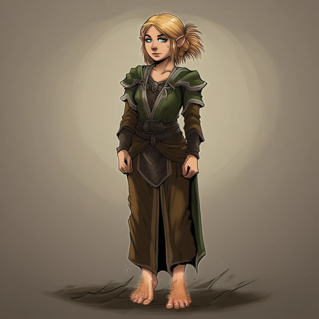 1girl, solo, halflingdnd, barefoot, mage robes, hairy feet, girl focus, blond hair