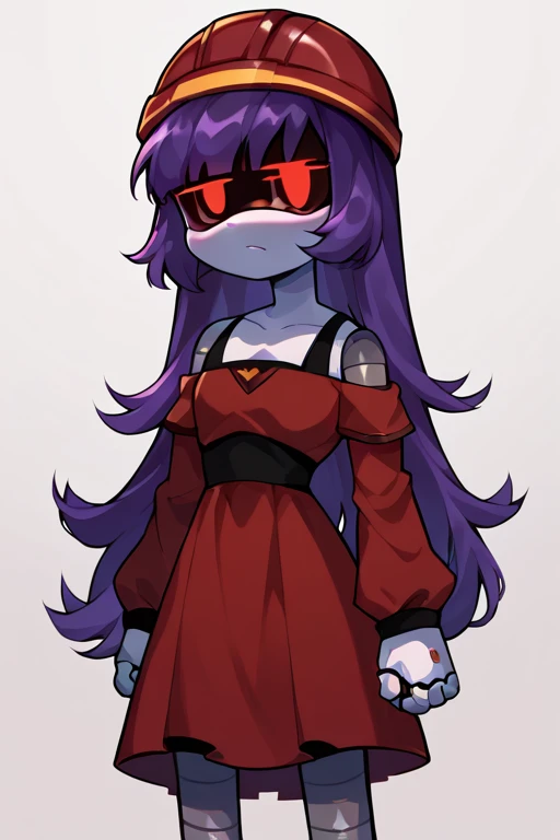 2D, score_9, score_8_up, score_7_up, BREAK, 1girl, solo, D0ll, Purple Hair, long hair, Red Eyes, Robot, Visor, red helmet, red dress