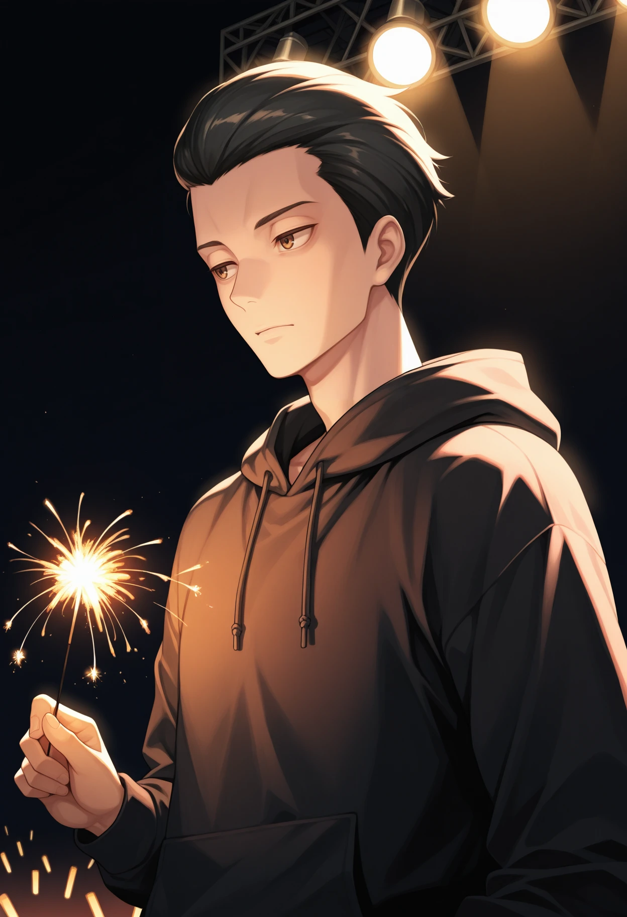 masterpiece, best quality, <lora:oswald-nikke-richy-v1_ixl:1> 1boy, solo, male focus, brown eyes, oswald, black hair, hair slicked back, short hair, hoodie, sparkler, stage lights, concert