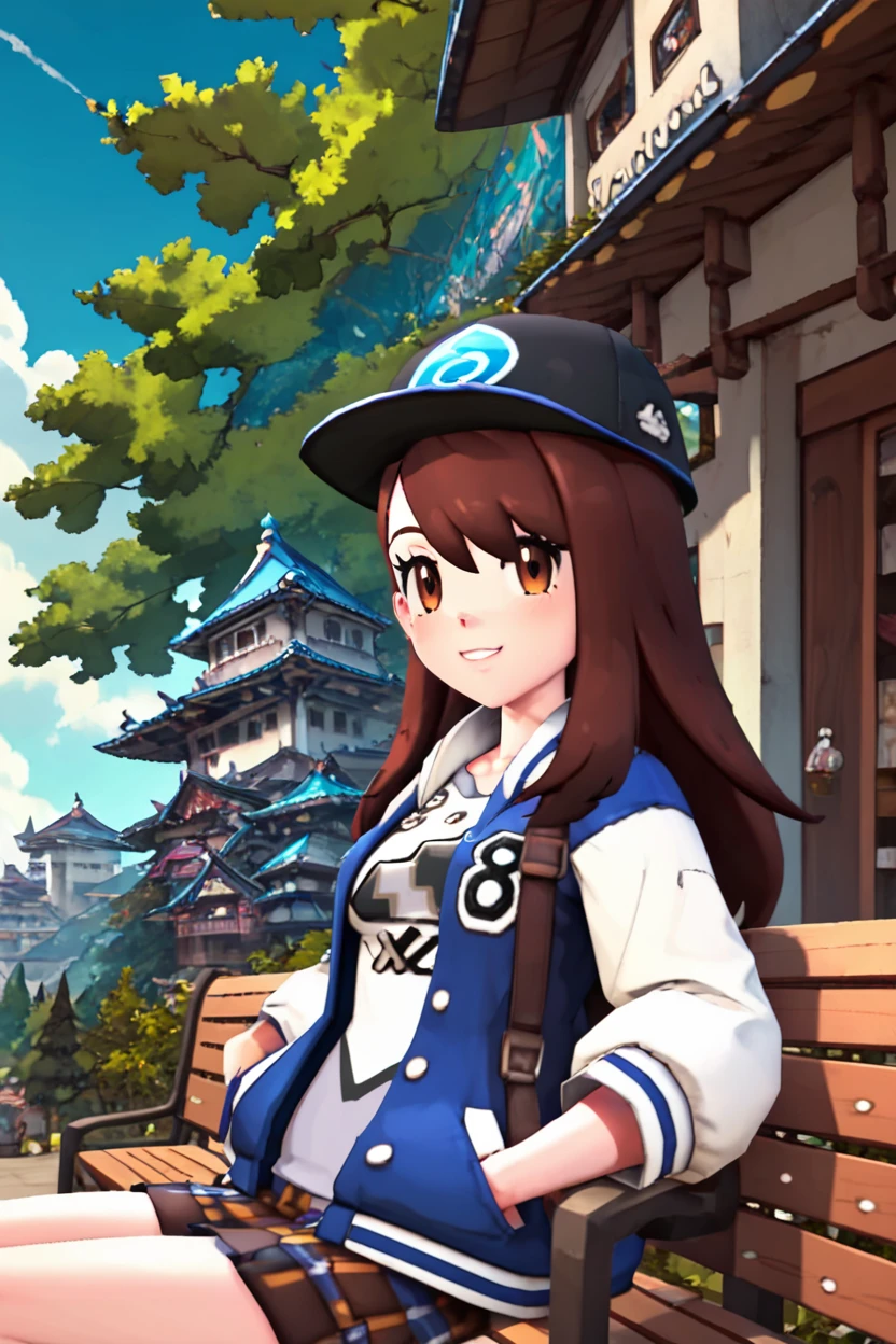 score_9, score_8_up, score_8, medium breasts, (curvy), cute, eyelashes,,, , zzGloria, brown eyes, alternate hair length, alternate hairstyle, brown hair, long hair,   jacket, outdoors, black jacket, hat, collarbone, black headwear, day, open clothes, shirt, <lora:GloriaBlueDoomkemon:1>,  ,,,, BREAK, sitting on bench, side view, smile, looking at viewer, cowboy shot,  ,,, BREAK, pnkBldng, sky, day, cloud, tree, blue sky, building, architecture, east asian architecture,  ,,, BREAK, embedding:zPDXL, Expressiveh,  ,,, <lora:PinkBuildingsPDXL_v2:0.6>, <lora:SDXLFaeTastic2400:0.5>, <lora:Expressive_H-000001:0.4>