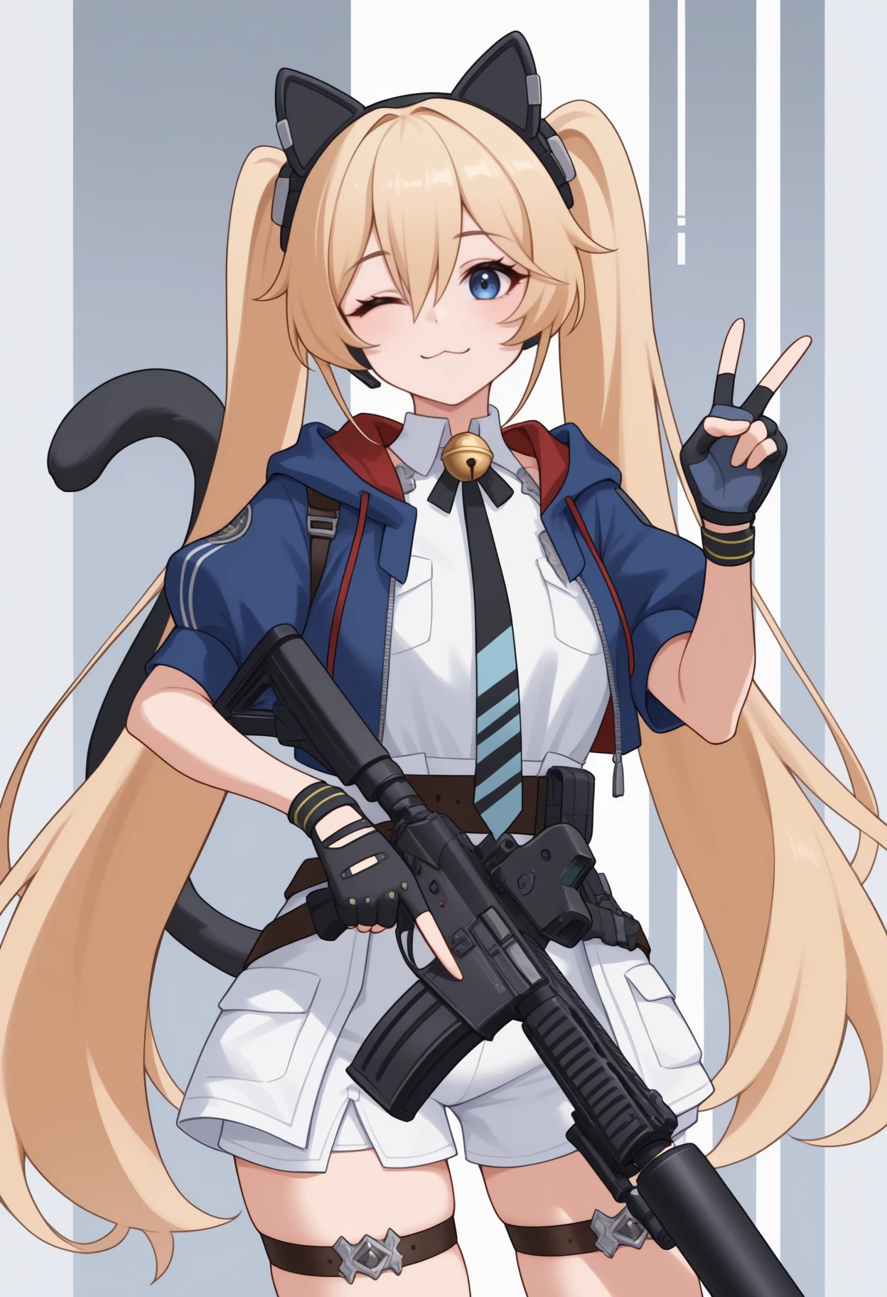 masterpiece, best quality, <break> solo, 1girl, m1chele, cat tail, :3, looking at viewer, standing, holding gun, assault rifle, optical sight, suppressor, vertical foregrip, v, blonde hair, hair between eyes, twintails, animal ear headphones, blue eyes, one eye closed, blue jacket, cropped jacket, open jacket, puffy short sleeves, white shirt, neck bell, diagonal-striped necktie, black necktie, blue necktie, black gloves, fingerless gloves, white skirt, white shorts, thigh strap, abstract background
<segment:yolo-Anzhc Face seg 640 v2 y8n.pt,0.4,0.5//cid=1>