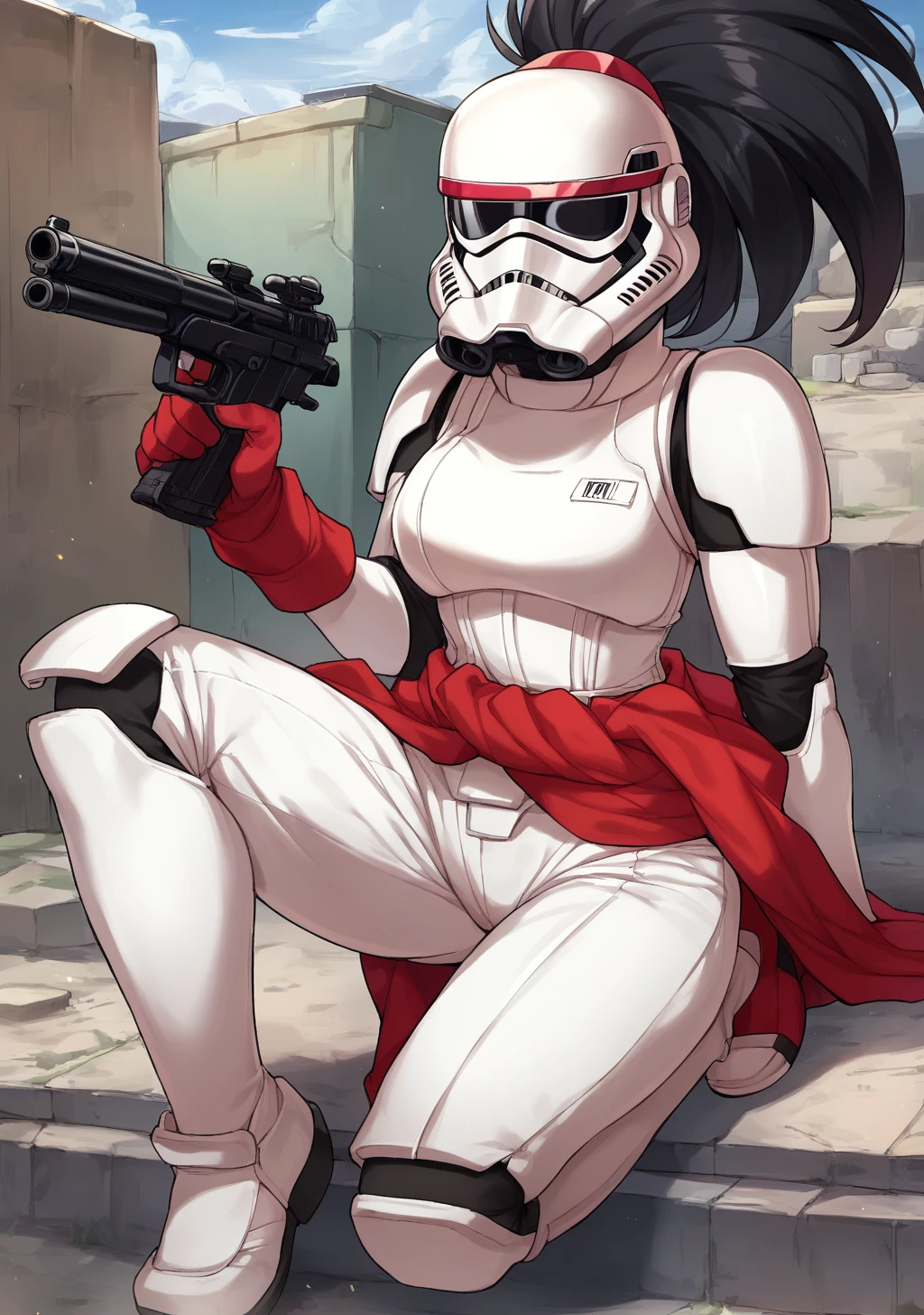 score_9, score_8_up, score_7_up, score_6_up, score_5_up, score_4_up, masterpiece, high quality, BREAK, full body, BREAK, 1girl,  <lora:Storm Trooper Outfit:0.9> Stormtrooper outfit, white helmet, white outfit, white armor, gun, solider, <lora:Yaomomo:0.8> yaomomo, woman, person, yaoyorozu momo,