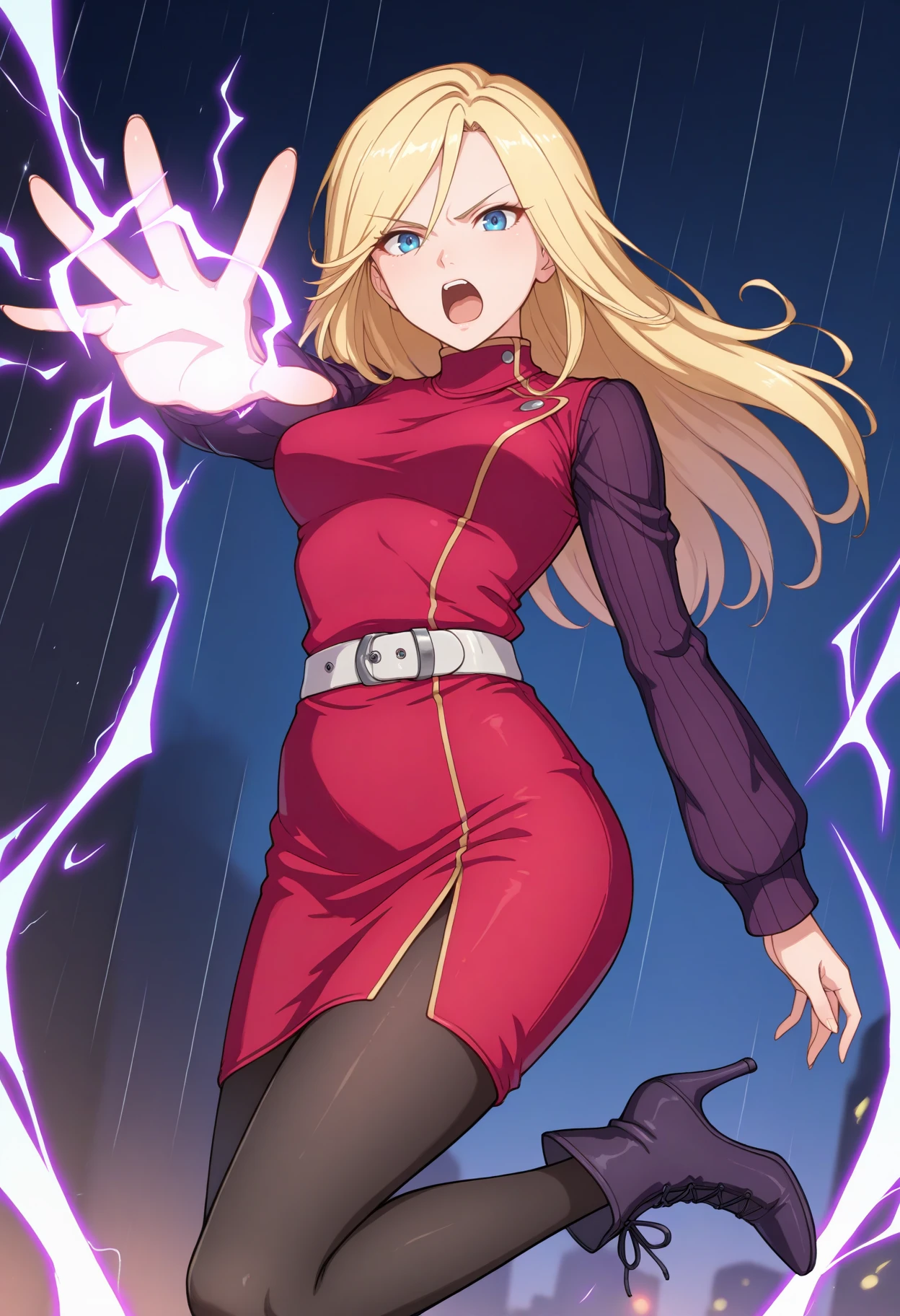 masterpiece, best quality, 1girl, casting spell, reaching towards viewer, serious, electricity, shouting, <lora:YokoCV-illu:*****koCV, blonde hair, long hair, blue eyes, red dress, pencil dress, medium breasts, turtleneck, long sleeves, sweater, white belt, black pantyhose, ankle boots, high heel boots, night, rain