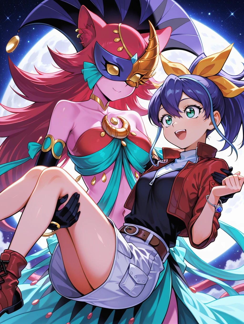 serena \(yu-gi-oh!\),2girls,moon,open mouth,smile,cat girl,black elbow gloves,dancer outfit,lunalight cat dancer,gold domino mask,purple jester cap,covered eyes,pink skin,yellow hair ribbon,red cropped jacket,shirt,white skirt,bracelet,princess carry,
masterpiece,best quality,amazing quality,very aesthetic,absurdres,newest,<lora:Serena and Lunalight part A illuXL v1.2:0.82>,