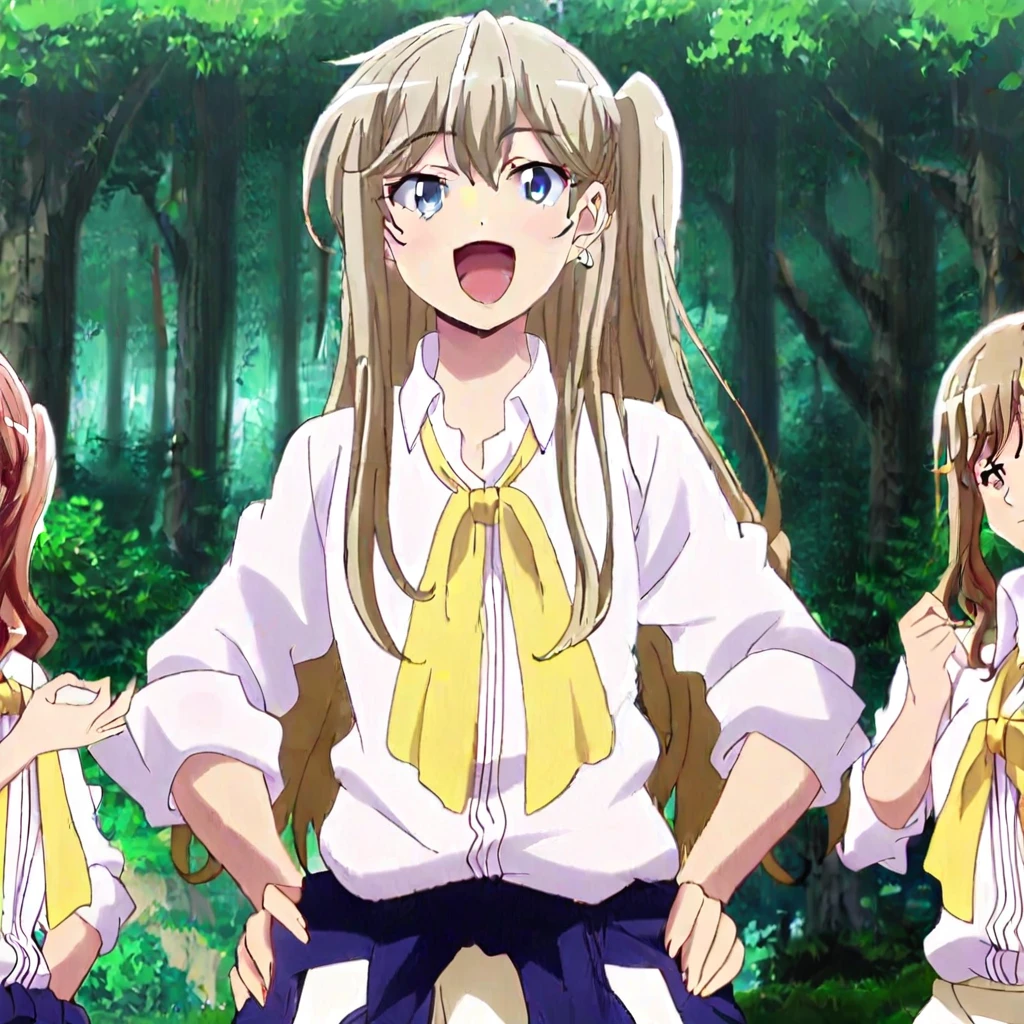 anime, woman,standing, hands on hips,:o, smile, open mouth, happy, long hair, solo, blue eyes, skirt, socks, wariza, clothes around waist, shirt, blonde hair, school uniform, shoes, outdoors, looking at viewer, pleated skirt, kneehigts, loafers, white shirt, tree, brown footwear, black socks, nature, forest, earring, ribbon, day, sleeves rolled up, one side up, neck ribbon, sweater around waist, sweater, dress shirt, yellow ribbon