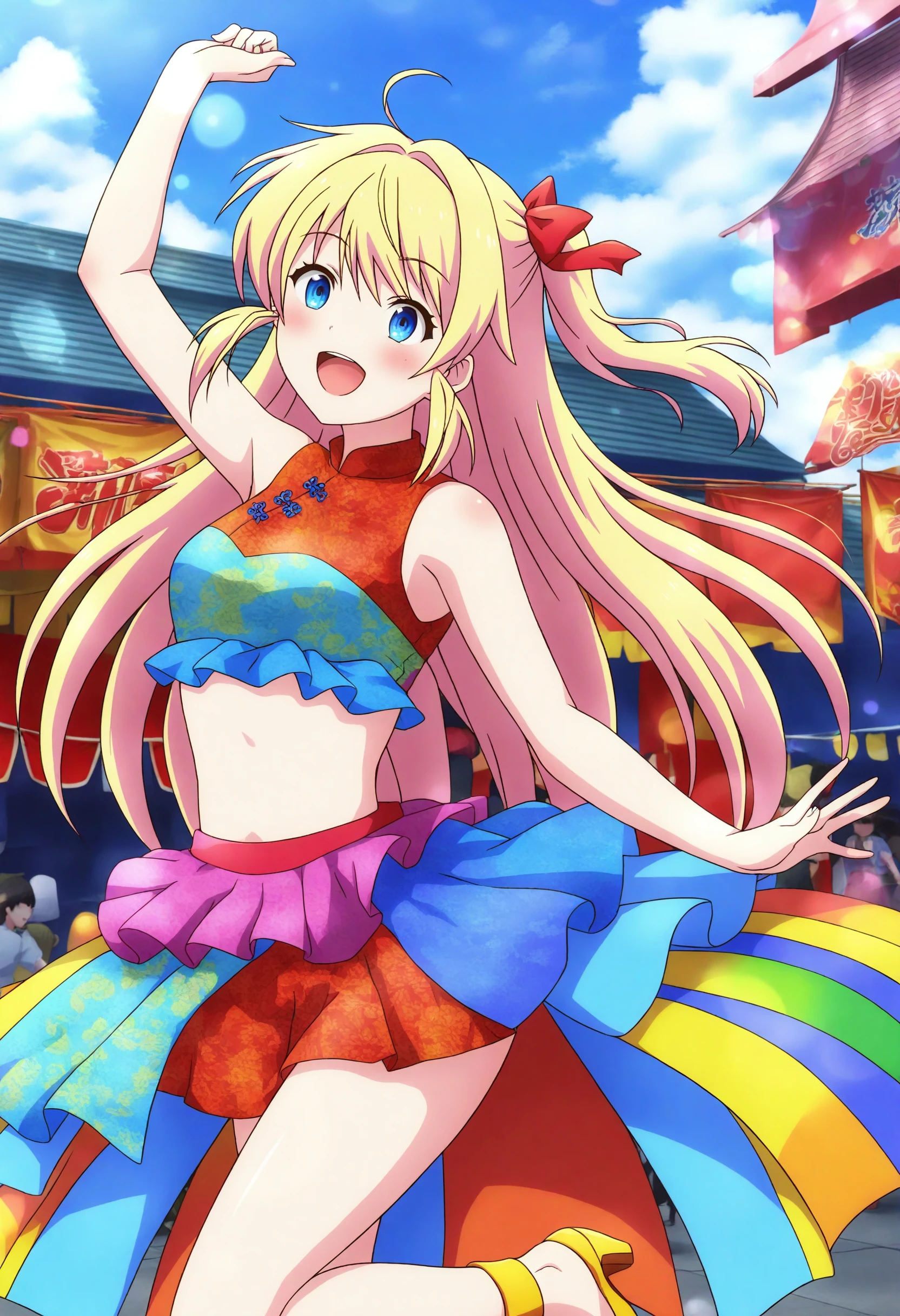 <lora:Azusa Aizawa - [Slime Taoshite 300 Nen] - illustriousXL v1:1>, blonde hair, blue eyes, solo, colorful clothes, dancing, at a street festival, day, vibrant decorations,