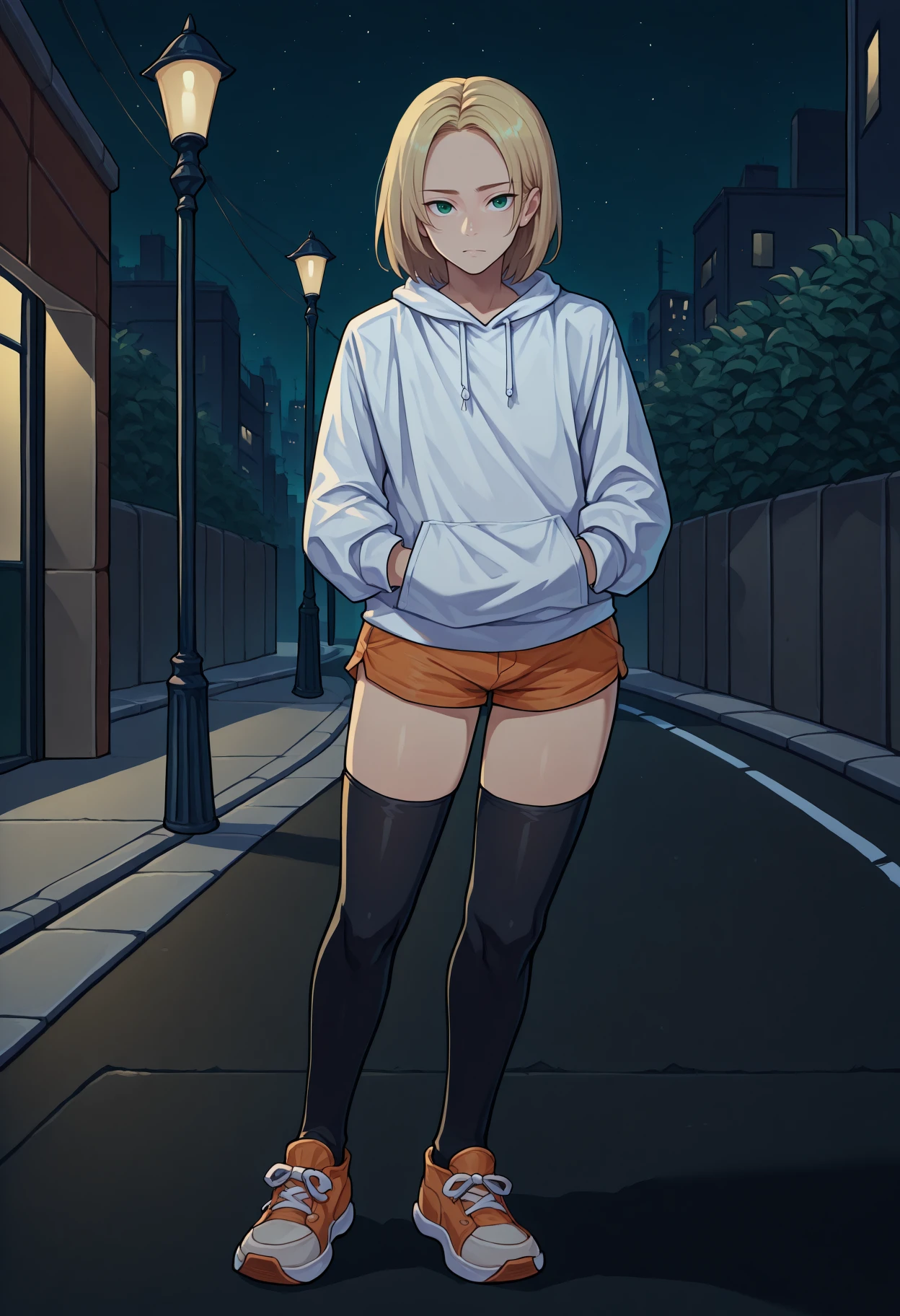 masterpiece, best quality, 1boy, solo, <lora:NSPolandHetalia:1> NSPolandMisc, medium hair, green eyes, blonde hair, androgynous, white hoodie, outdoors, night, street, lamppost, hands in pockets, full body, black thighhighs, shoes, orange shorts, micro shorts, looking at the viewer