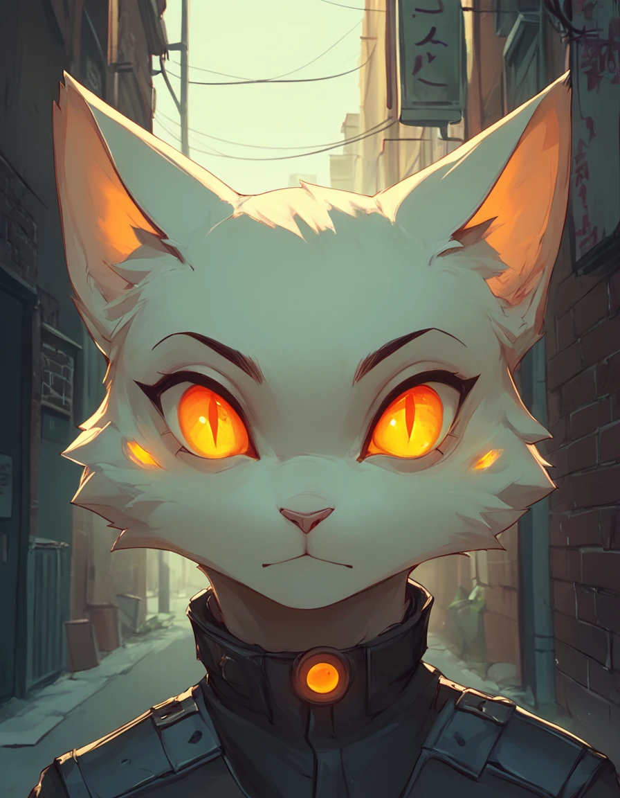 Score_9, Score_8, Score_7, Glowing Style, 1cat, portrait, glowing orange eyes, alleyway at night  <lora:GlonyV1:1>