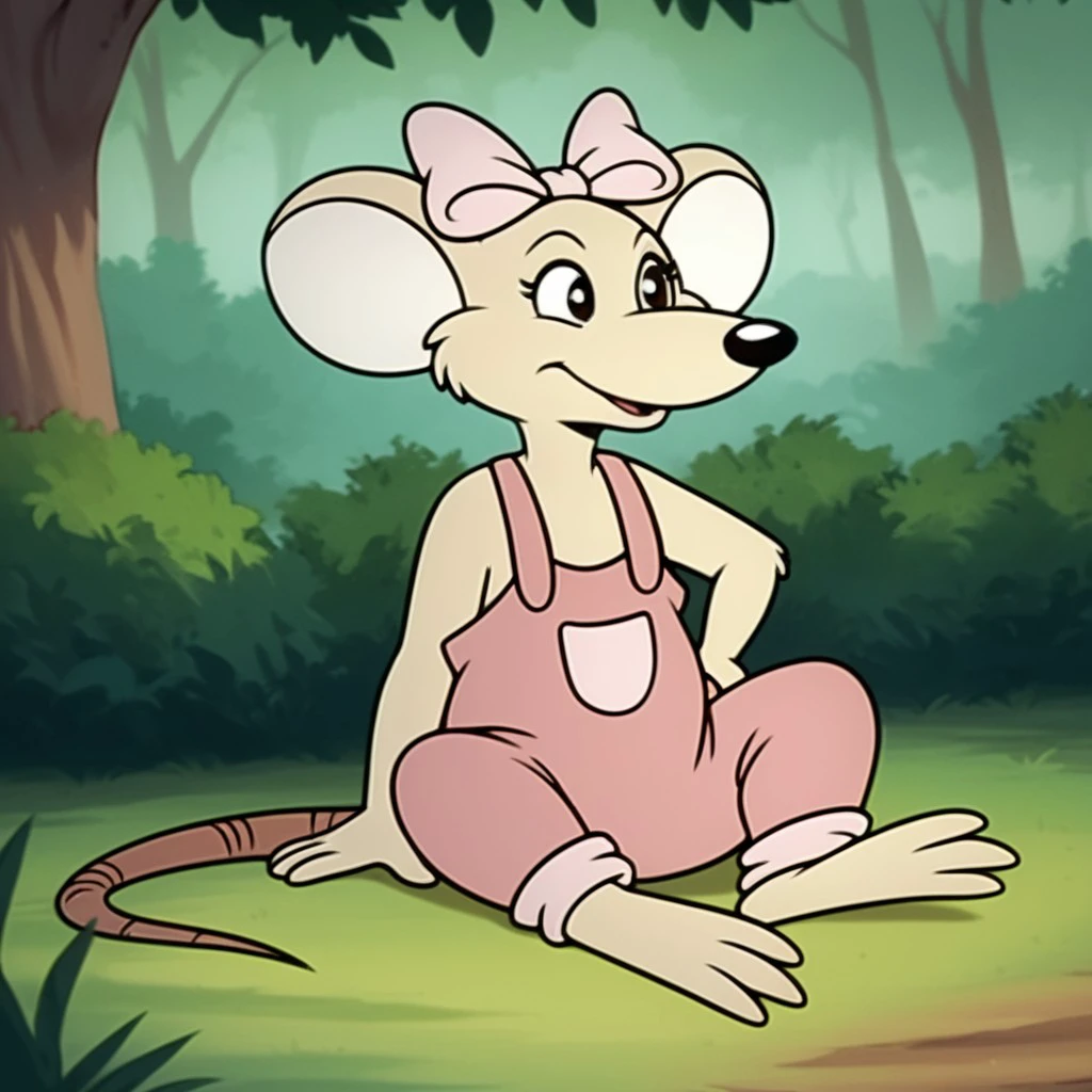 score_9, score_8_up, score_7_up, score_6_up, score_5_up, score_4_up, source_furry, Marciabbv2, semi-anthro,  female, Marsupial Mouse, tan fur, black eyes, pink overalls, pink hair bow, outside, sitting, full body, 3toes, <lora:55197126-1f7e-48a6-9988-dd0890a9eef0:0.7>