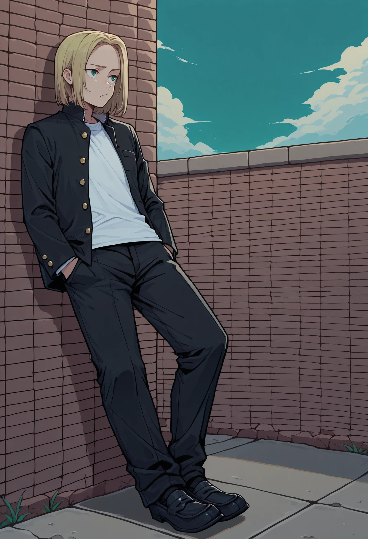 masterpiece, best quality, 1boy, solo, <lora:NSPolandHetalia:1> NSPolandMisc, medium hair, green eyes, blonde hair, androgynous, gakuran, black jacket, open jacket, white t-shirt, black pants, hands in pockets, black loafers, leaning back, brick wall, outdoors, blue sky