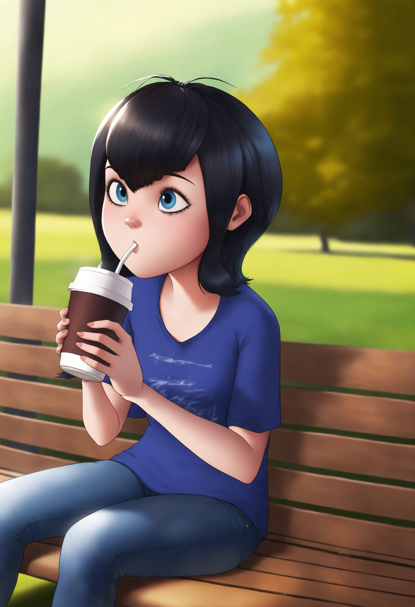 <lora:Mavis Dracula - [Hotel Transylvania] - illustriousXL v1:1>, sysdeep_mavis, black hair, blue eyes, solo, casual t-shirt and jeans, sitting, on a park bench, drinking coffee, morning