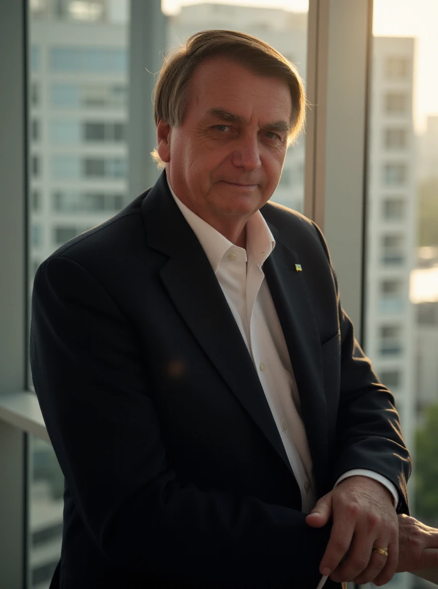 portrait of b0ls0n4r0 man, posing on a office, glass window, serene and warm, natural lighting, soft focus, high-resolution, elegant and introspective atmosphere, quiet sophistication, wearing a suit.

