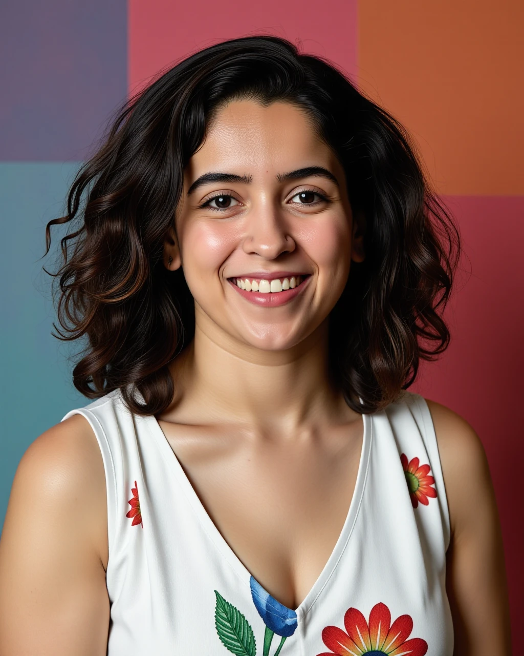 headshot photo of Sanya Malhotra woman,hyper realistic candid photo with natural colors, grinning expression on face,studio quality, wearing intricate conservative sleeveless White Kalamkari Dress (hand-painted fabric), curls, pastel shaded multicolored background, cinematic soft lighting<lora:TestBed\Sanya_Malhotra_Flux_Kohya_LoRA_v1.safetensors:1.0:1.0>